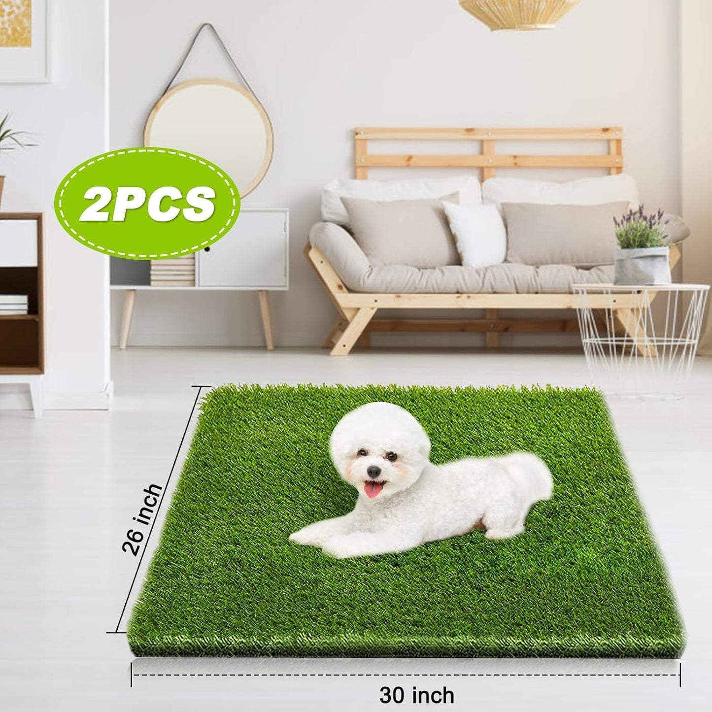 2 Pack 26"x30" Dog Grass Pee Pads, Reusable Artificial Grass Turf Rug for Puppy & Cats, Washable Fake Grass Mat Dog Pee Pad Replacement Outdoor Indoor Potty Training Pads with Drainage Holes