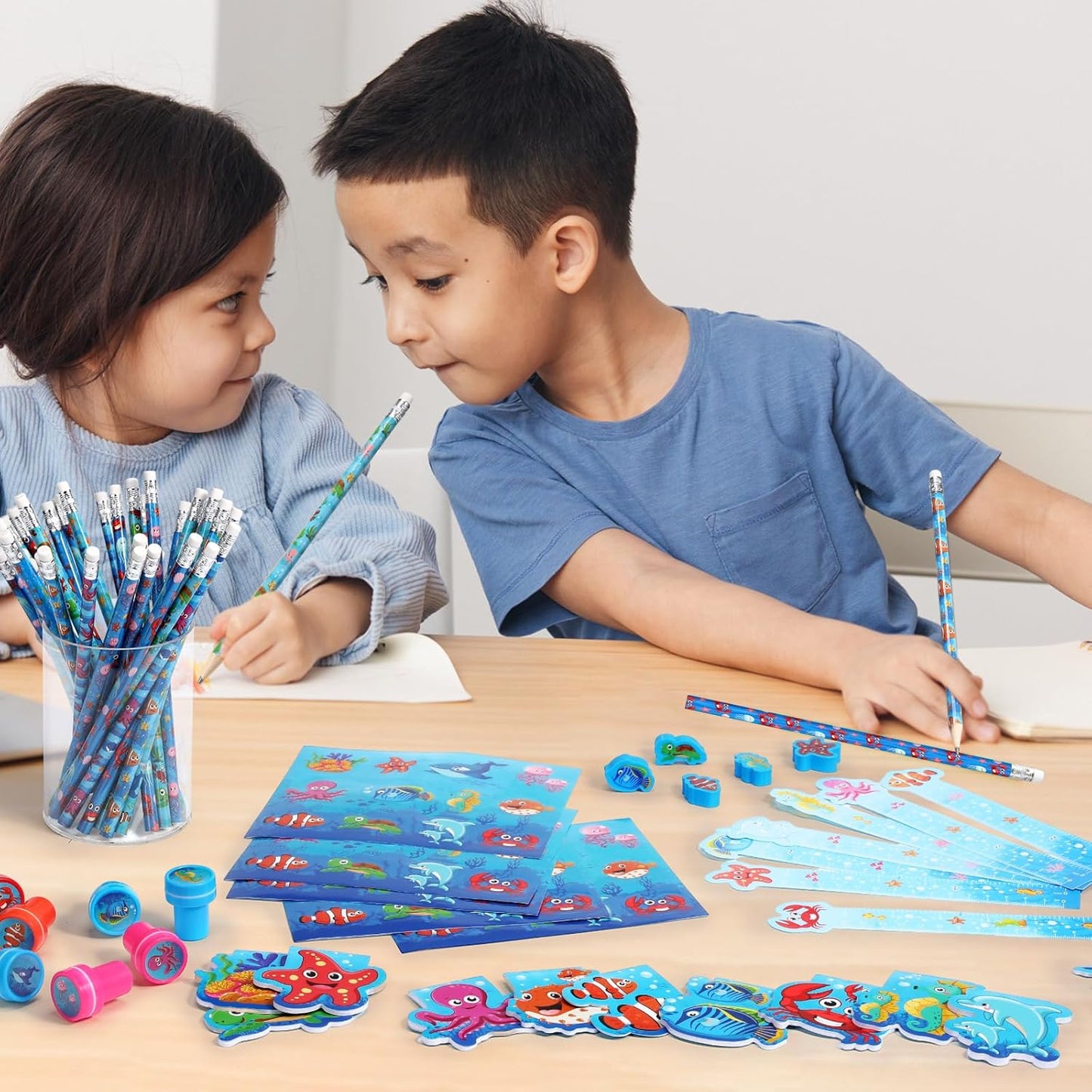 PerKoop 168 Pcs Under The Sea Stationery Ocean Themed Goodie Bag Stuffers Party Supplies with Mini Ocean Notebook Pencil Sticker Stationery Gift Set for Sea Animals Prizes Rewards Piñata Fillers