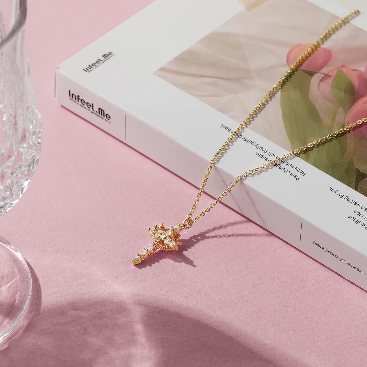 Valentines Day Gifts Upgraded Crown Cross Necklace for Women, 14K Gold Plated Crown Cross Pendant Necklace, Non-Tarnish Faith Jewelry for Women, Christian Religious Gifts for Her
