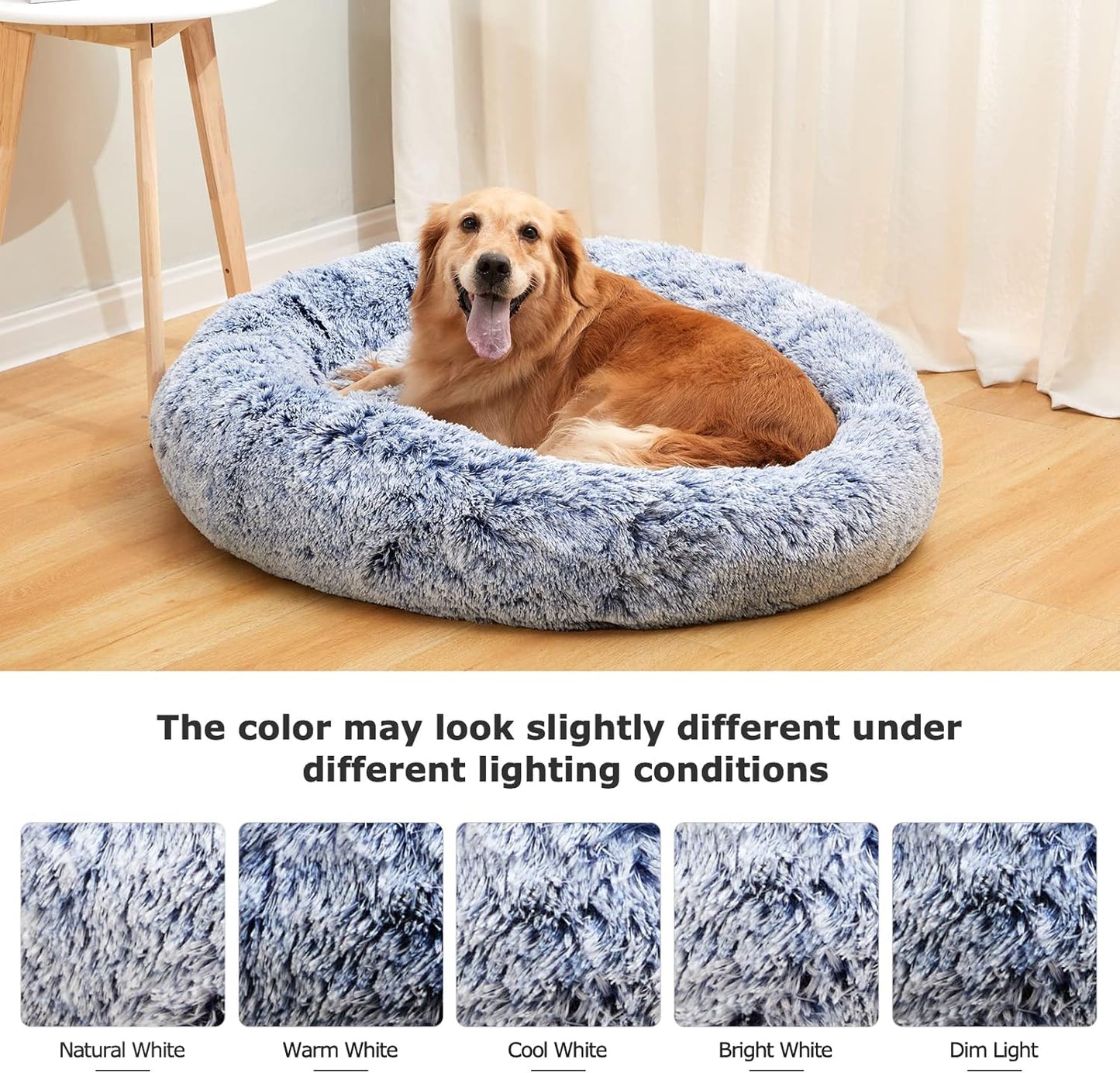 Bedfolks Calming Donut 강아지 침대, 58.4cm(23인치) 둥글고 푹신한 강아지 침대, 소형견용, 세탁기 세탁 가능한 불안 방지 플러시 강아지 침대(네이비 블루, 스몰)