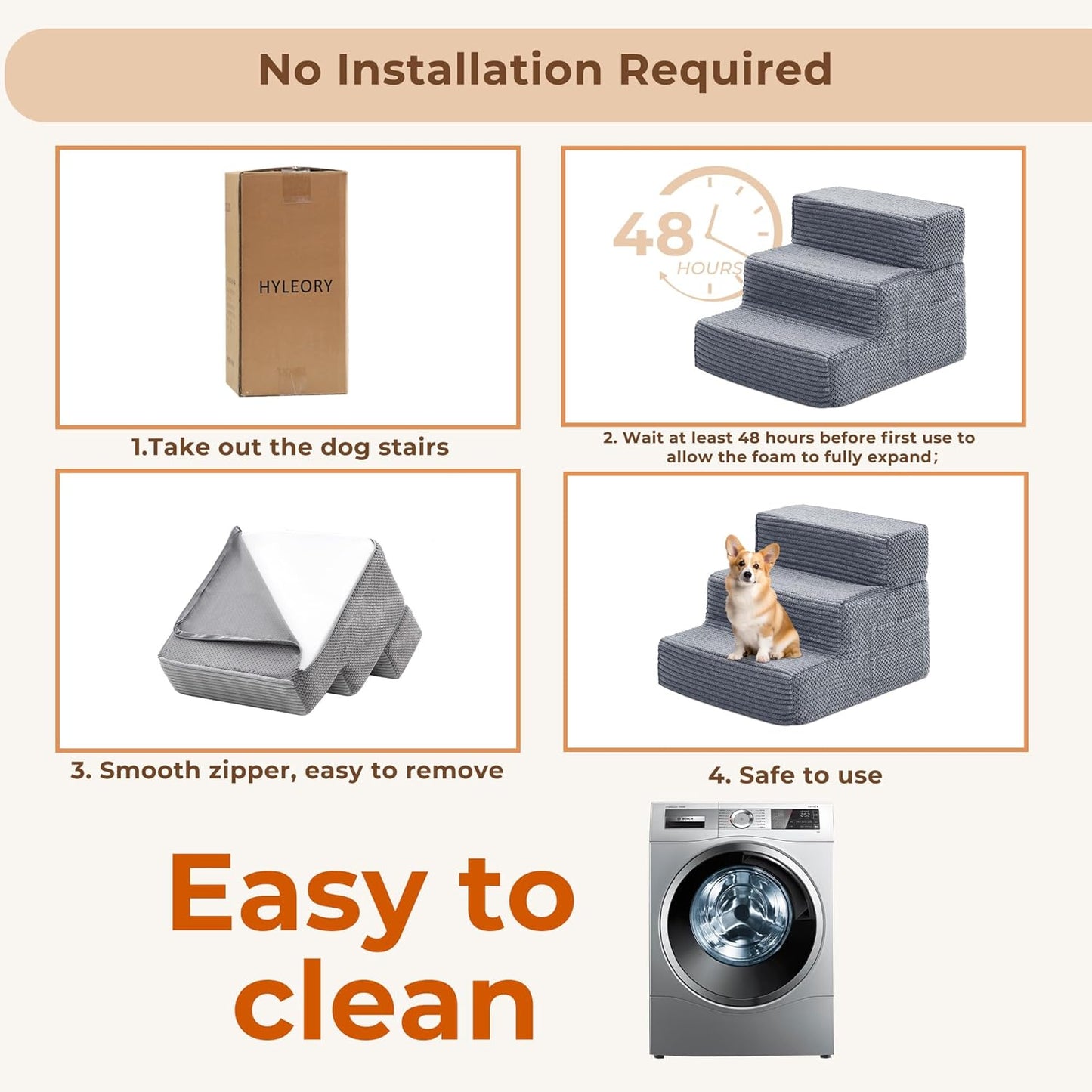 HYLEORY Dog Stairs for Bed 22.5''H, 5-Step Pet Stairs for Small Dogs & Cats, Sturdy Pet Steps with Non-Slip Bottom, Functional Portable Dog Ramp for Couch/Chair/Sofa/Car, with Storage Pocket, Grey