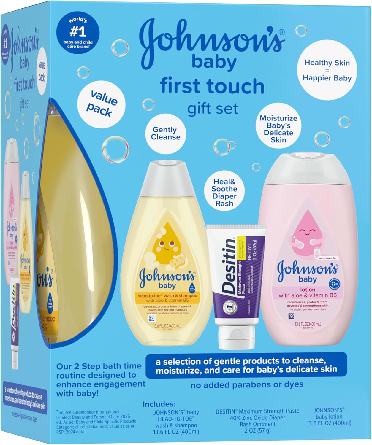 Johnson's First Touch Baby Essentials Gift Set with Body Wash & Shampoo, Body Lotion, & Zinc Oxide Diaper Rash Cream for Baby's Delicate Skin, Hypoallergenic, No Parabens or Dyes, 3 Items