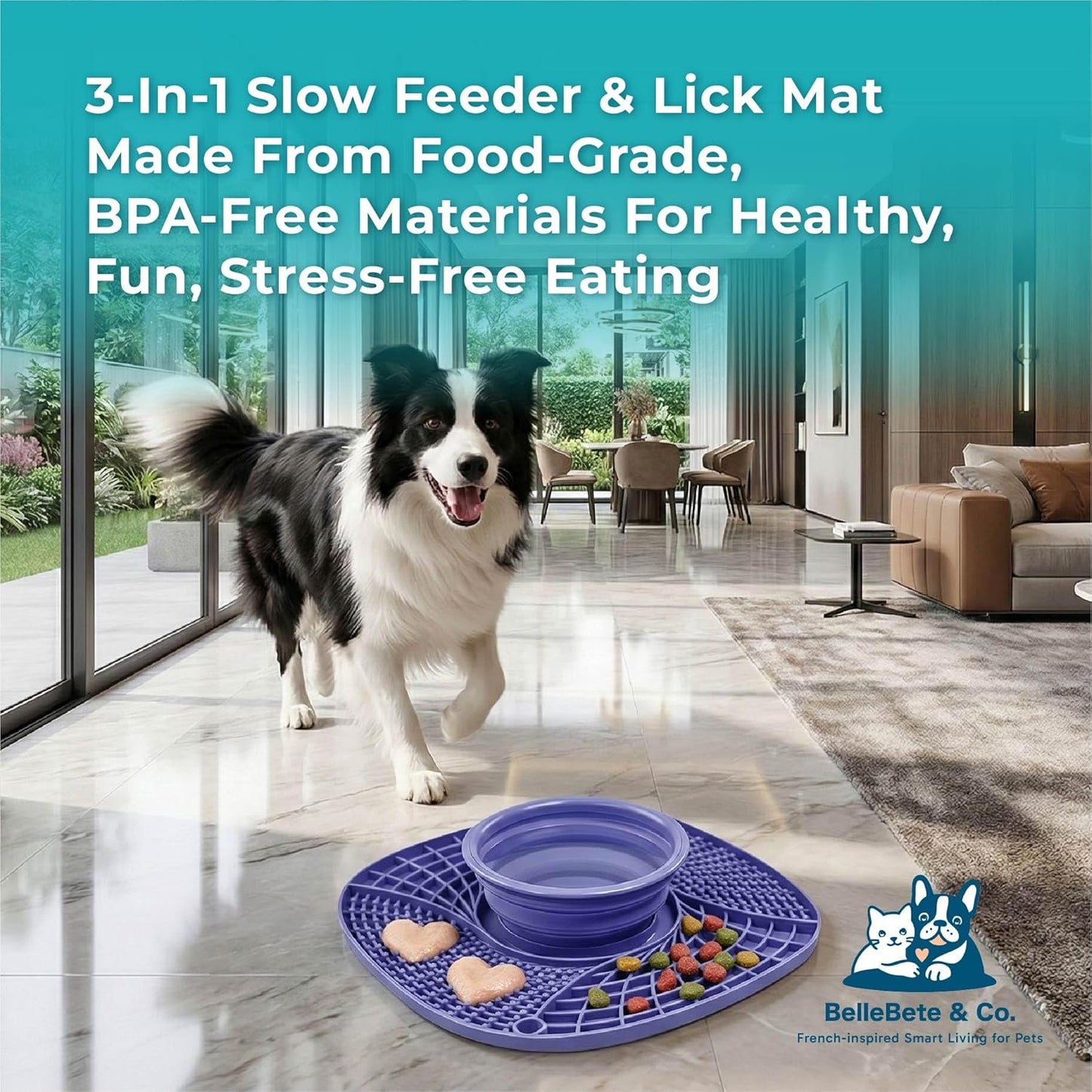BelleBête & Co. 3-in-1 Pet Slow Feeder Bowl Lick Mat with Collapsible Bowl for Dog & Cat – Food-Grade Material & Non-Slip Base for Kibble, Dry and Wet Food, Digestive Health & Reduce Anxiety | Pink