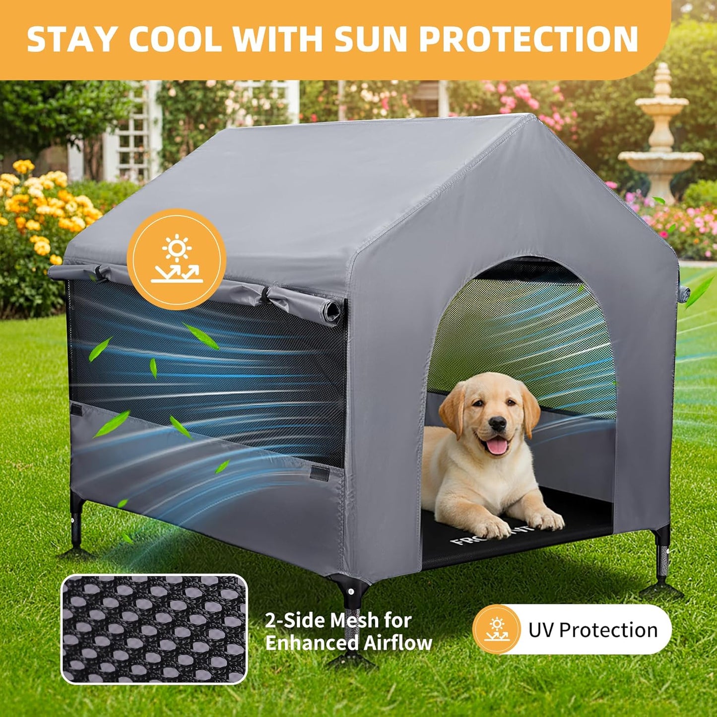 36" Dog House Outdoor Indoor with Breathable Mesh Windows, 2-in-1 Outside Dog House Elevated Dog Bed Cot Dog Tent Shade Shelter, Easy to Assemble & Clean (36 INCH)