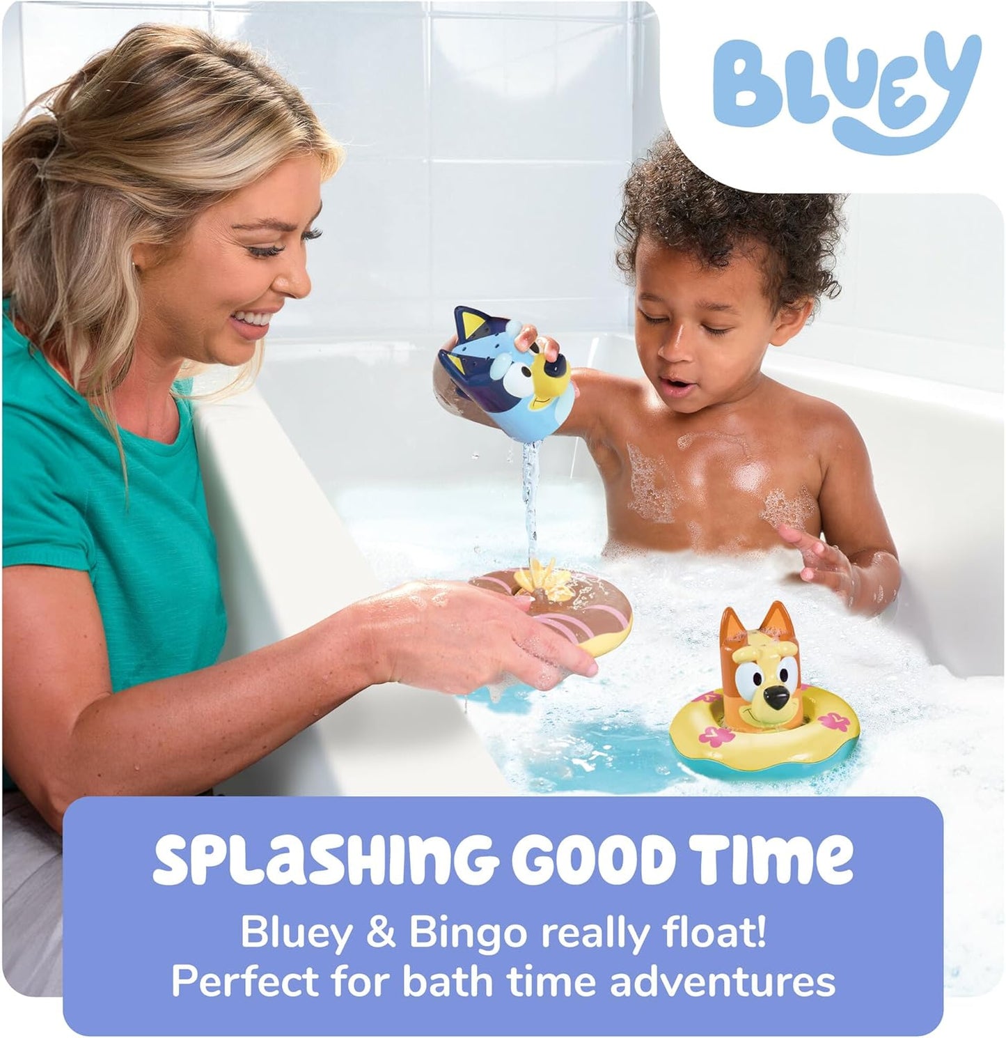 TOMY Toomies Splash & Float Bingo and Bluey Water Toys - 2-in-1 Toddler Bath & Pool Play Set with Pour Cups & Water Wheels - Ages 18 Months+