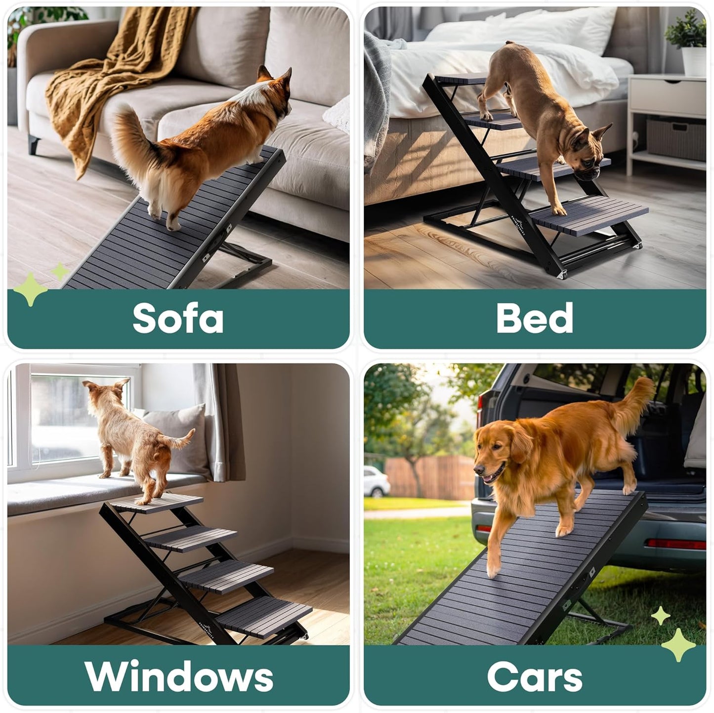 2-in-1 Metal Dog Ramp/Stairs, Dog Ramp for Bed, Couch and Car, Nonslip Carpet, Wheels, up to 250lbs, Outdoor Indoor, (40" Lx17 W) 19" to 25" Adjustable Height, for Small Medium Large Pets