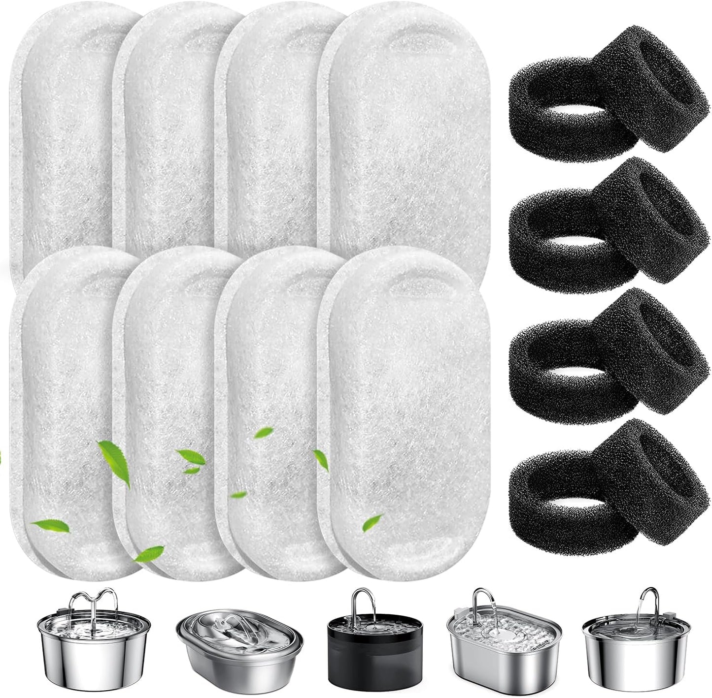 Cat Water Fountain Filters, 8 Pack Pet Replacement Filters with 8 Sponges for Stainless Steel 67oz/2L, 108oz/3.2L and 135oz/4.0L Faucet-Shaped Pet Water Fountain Dog Water Dispenser