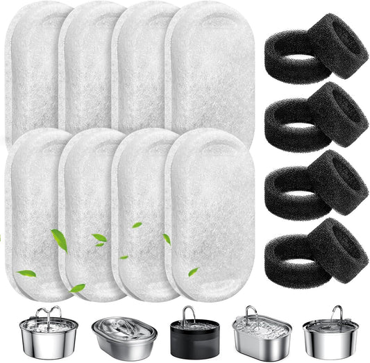 Cat Water Fountain Filters, 8 Pack Pet Replacement Filters with 8 Sponges for Stainless Steel 67oz/2L, 108oz/3.2L and 135oz/4.0L Faucet-Shaped Pet Water Fountain Dog Water Dispenser