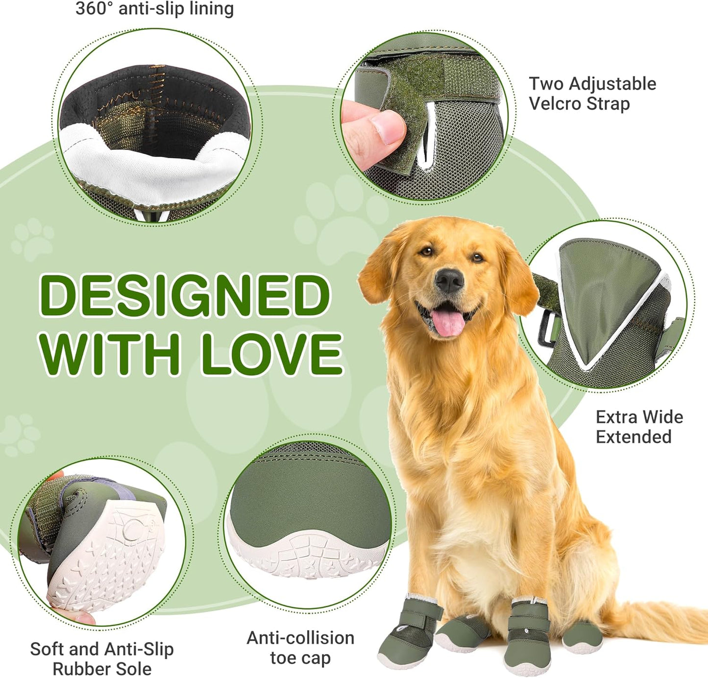 DcOaGt Dog Shoes Mesh Breathable Dog Booties for Hot Pavement Summer with Anti-Slip Sole,Dog Boots Paw Protectors for Small Medium Puppy for Winter Snow Rain Hiking,Military Green 4PCS(Size 4)
