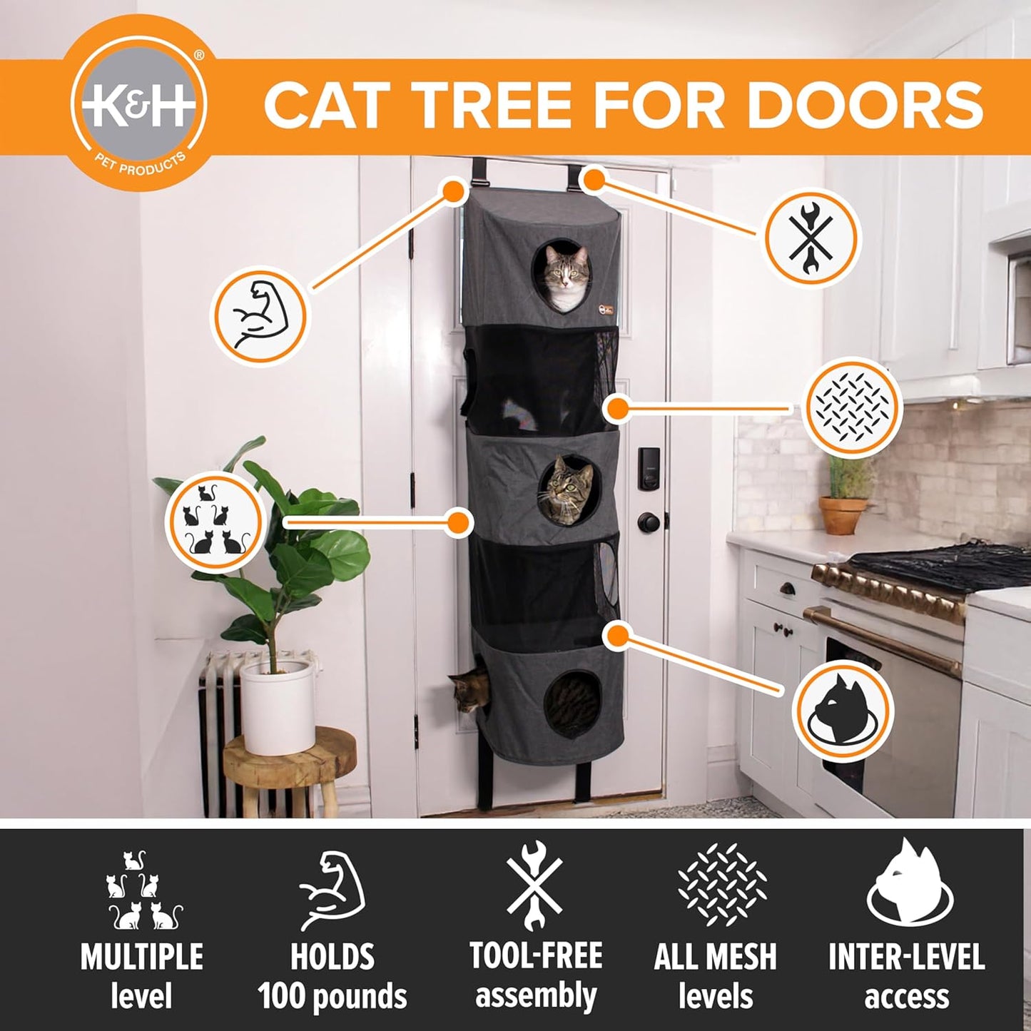 K&H Pet Products Hangin Cat Tree Condo 5 Level Door Mounted Cat Furniture, Space Saving, Mesh Levels, Peep Holes, Interconnecting Levels, Collapsible, Tool-Free Assembly - Gray - Fits Doors <80in H