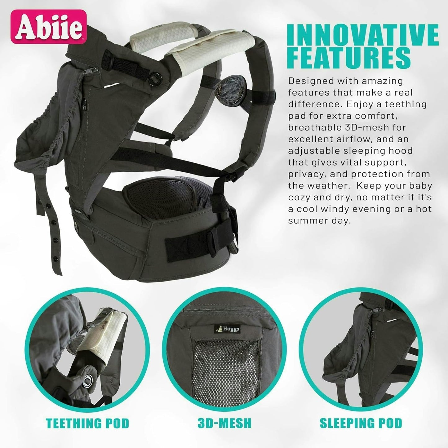 Abiie HUGGS Baby Carrier 3-Months to Toddler with Hip Carrier - Convertible 4-in-1: Front Facing, Inward Facing, Hip Seat, Back Carry - Ergonomic Lumbar Support, Neck Support, Safety Approved
