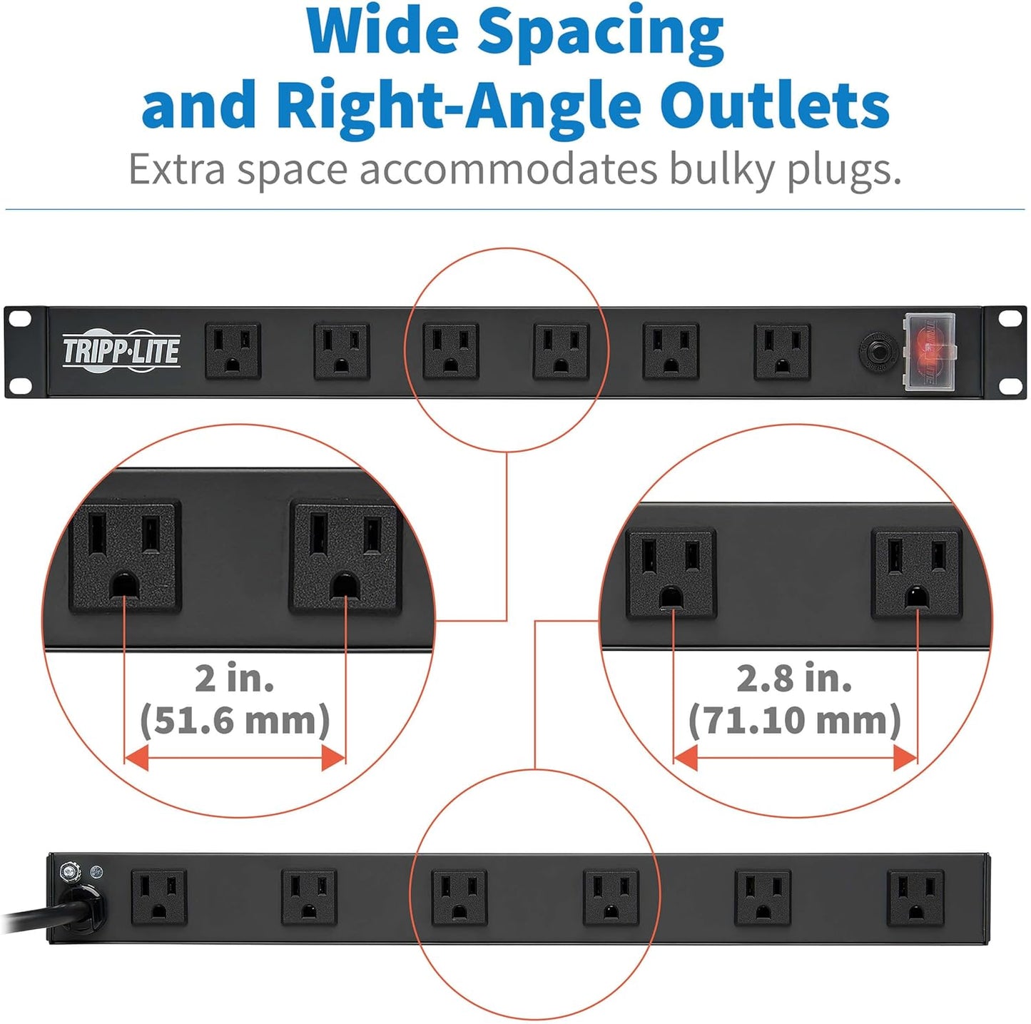 Tripp Lite 12-Outlet Rack Mount Power Strip PDU, Six Front & Six Rear Facing Outlets, 15A, 120V, 15ft Cord with Right-Angle Plug, Horizontal 1U Rack Mount, Black