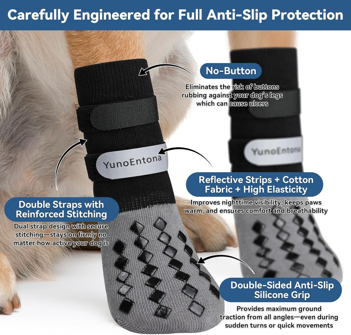 Non Slip Dog Socks to Prevent Licking Paws - for Hardwood Floors Anti Slip - Grippy Socks for Senior Dog - Double Elastic Reflective Straps Prevent Scratching for Hot Pavement. (Grey, S)
