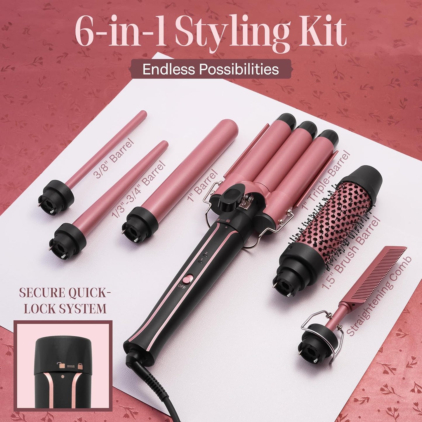 Asani Curling Iron Wand Set 6-in-1 - Beachwaver Hair Curler with 3 Barrel Hair Crimper, Tapered, Spiral Curling Iron - Fast Heating Travel Hot Styling Tools for Women with Dual Voltage (110-240V AC)