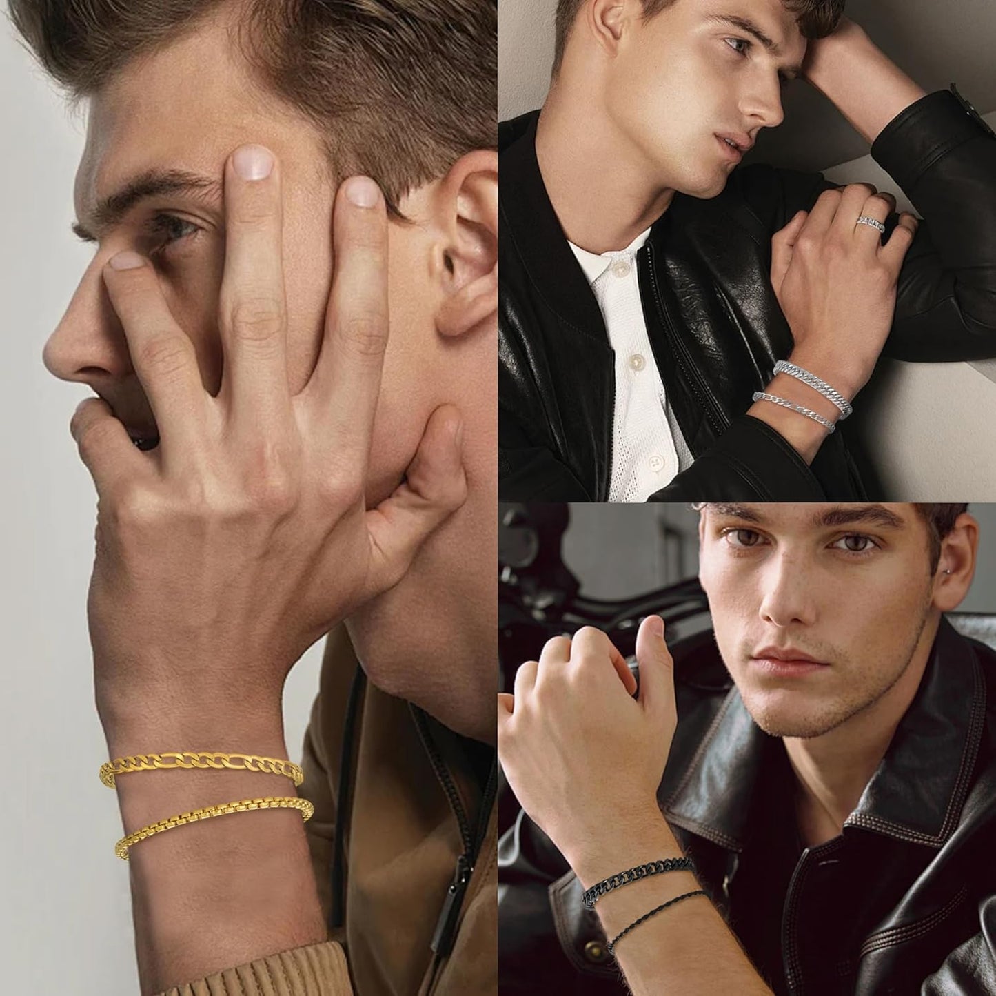 XIANNVXI 6pcs Stainless Steel Bracelets for Men Women Silver/Gold/Black Cuban Link Rope Paperclip Chain Bracelets Set 6.5/7/7.5/8.3/9 Inches Metal Bracelet Mens Fashion Accessories Jewelry Set