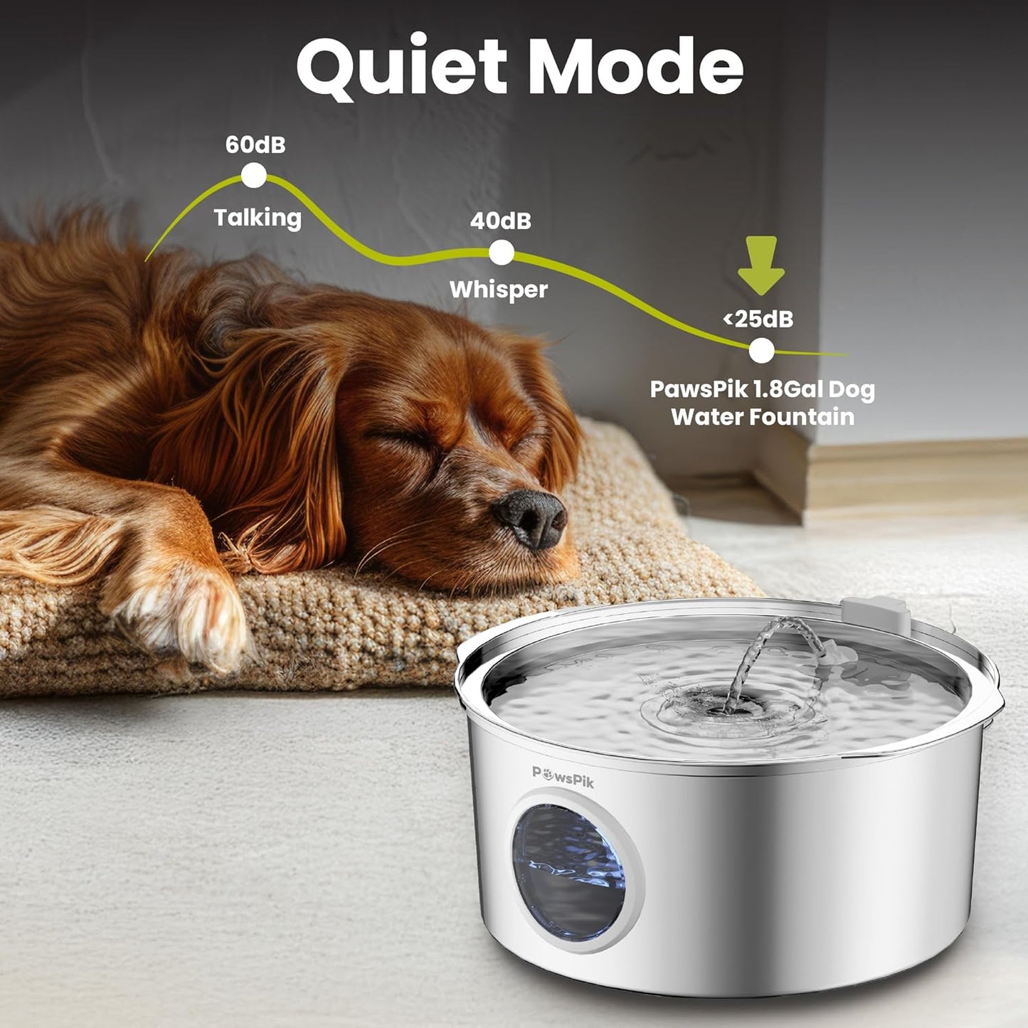 PawsPik Ultra-Quiet Stainless Steel Dog Water Fountain, 1.8-gal