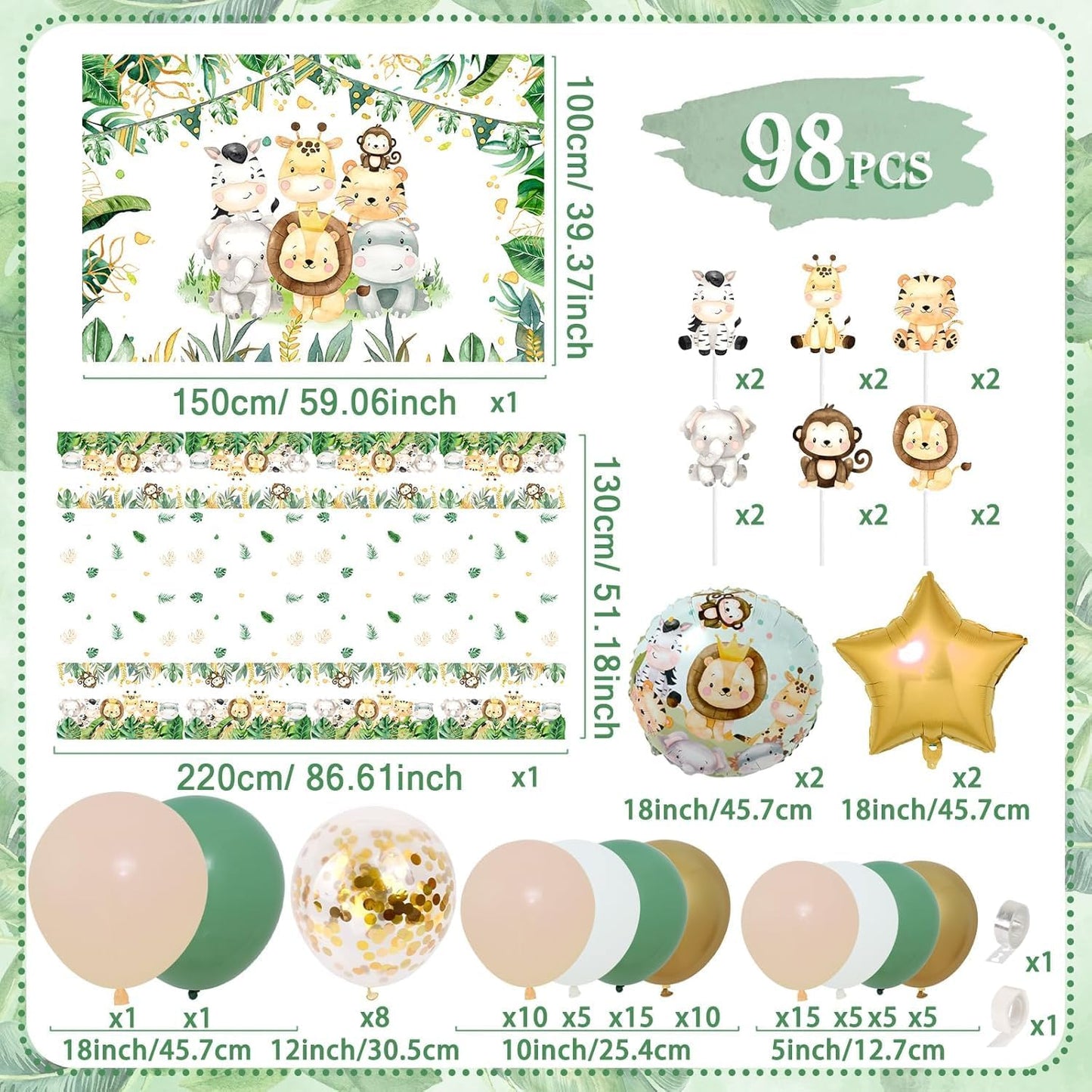 Sage Green Baby Shower Decorations for Girl Boy, Neutral Party Supplies - Green Balloon Arch Garland Kit, Animal Backdrop Tablecloth for Baby Shower Gender Reveal,Boy Girl Birthday Party decorations