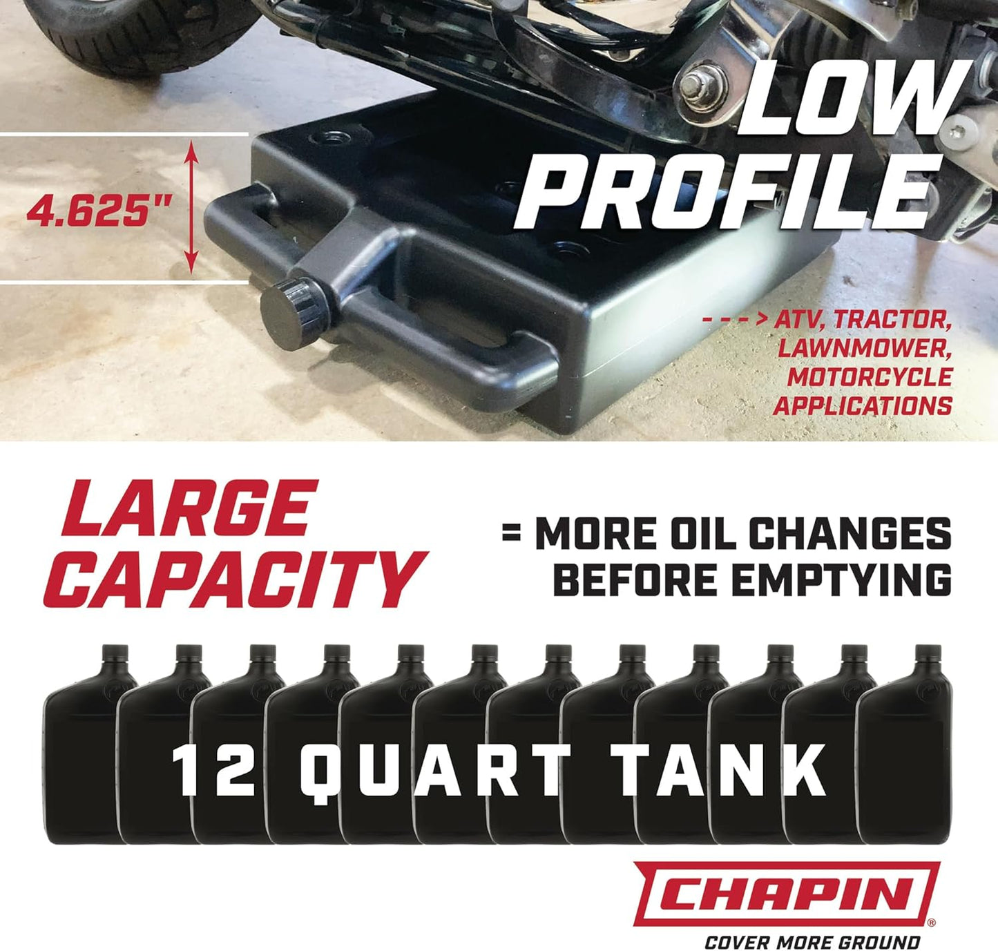 Chapin 78005 Oil Drain Pan, 12‑Quart Low‑Profile Automotive Drain Container, Recycled Polymer Construction, Large Splash‑Free Target Area & Built‑In Carry Handles for Easy Oil & Coolant Changes