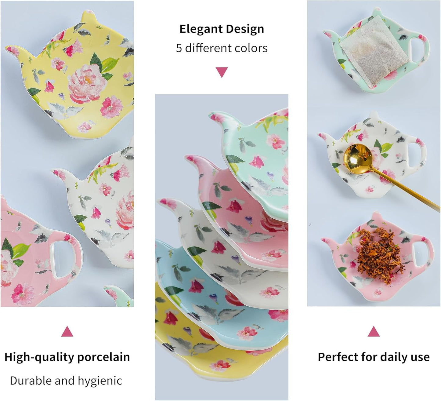 Porcelain Tea Bag Coasters, Floral Used Tea Bag Holder, Set of 5 Tea Bag Plates Floral, Teaspoon Rest, Tea Bag Rest Dish, Tea Party Gifts