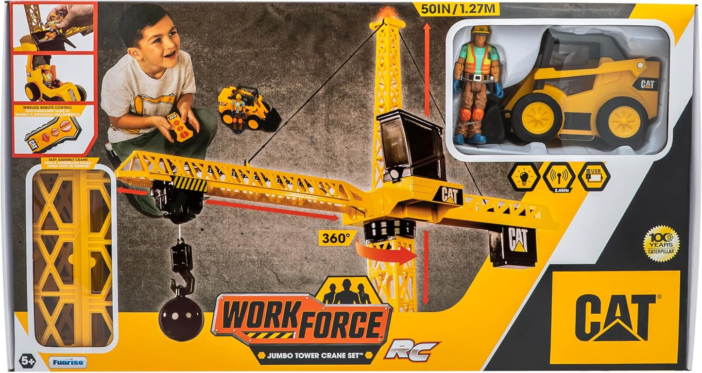 Cat Construction Workforce Jumbo Tower Crane Set, 50-Inch RC Crane Toy with 360-Degree Rotation, Hook and Wrecking Ball, Light, Skid Steer and 4" Figure, USB Rechargeable, Ages 5+