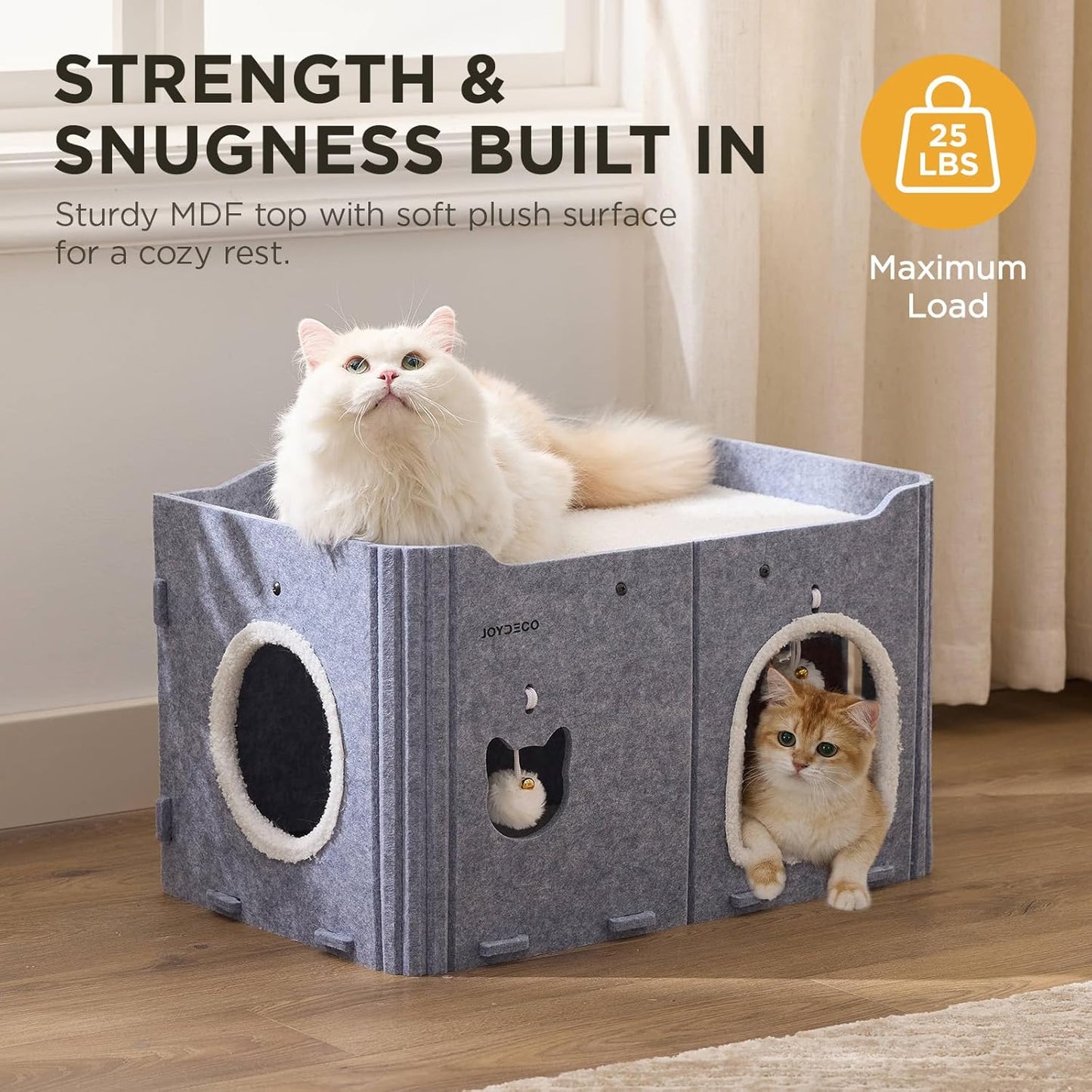 Joydeco Cat House for Indoor Cats, Extra Wide Scratch Resistant Felt Cat Condo, Hideaway Pet Cave Bed with Fluffy Ball and Tunnel for Kitten, Small Dogs, Rabbits, 22.4 x 13.7 x 14.9, Grey