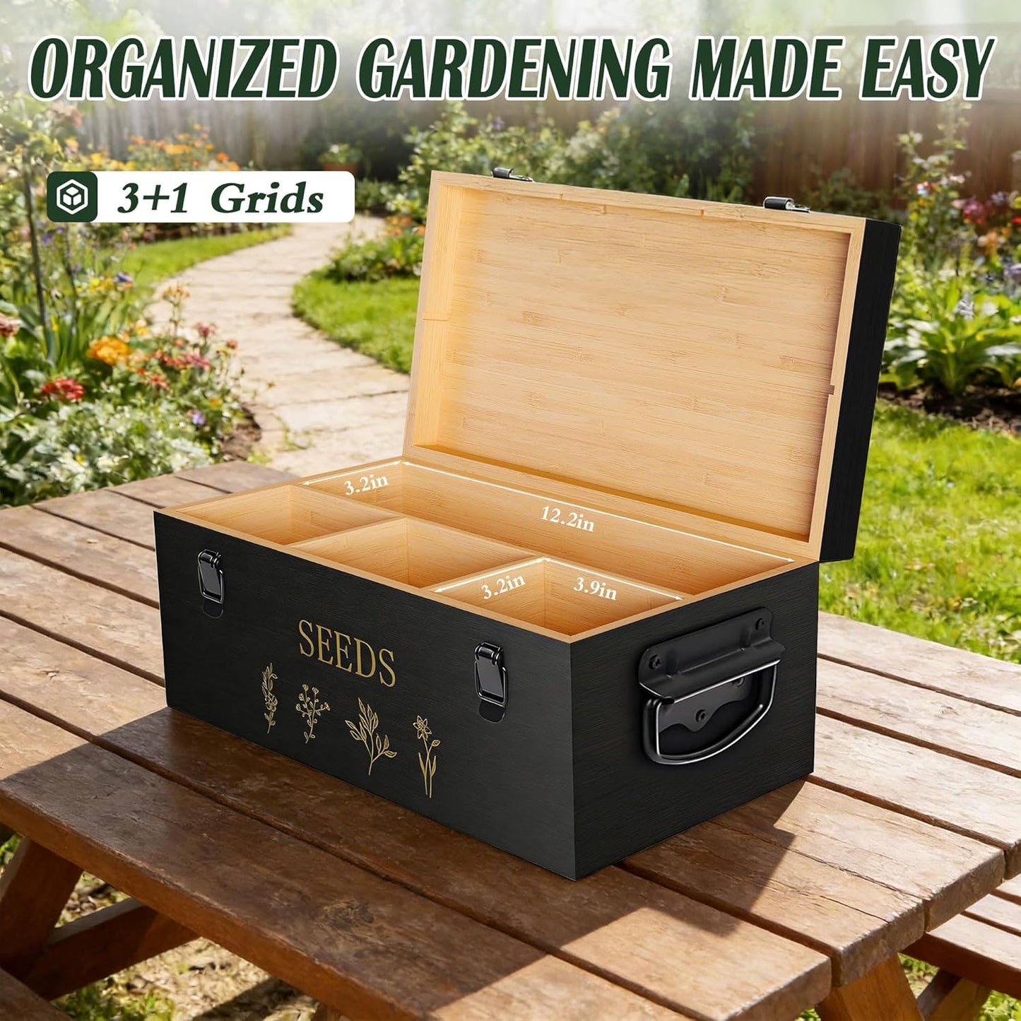 Bamboo Seed Storage Organizer, Large Garden Seed Organizer with Lid & Safety Lock & Handles, Seed Box Storage Organizer Includes Seed Envelopes and Labels etc, Great Gifts Gardening Kit (Black)