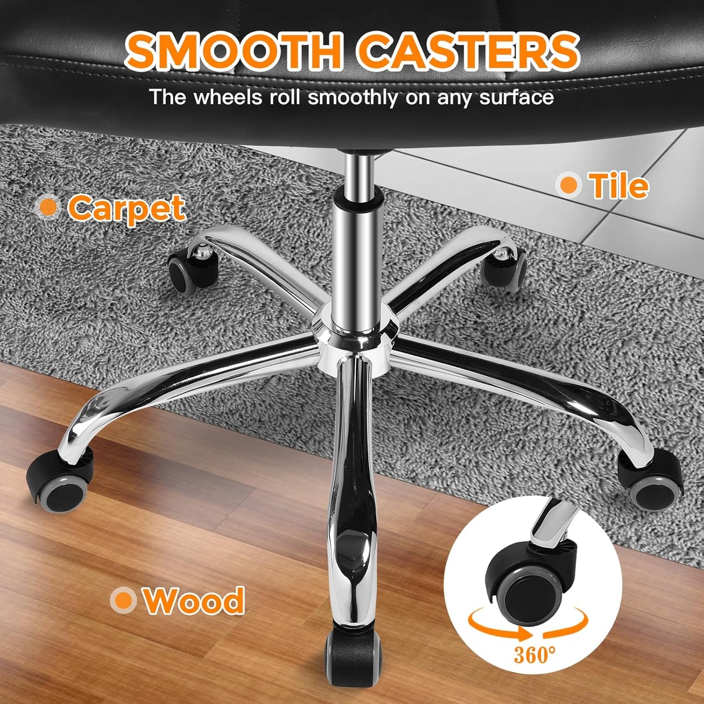 Black Office Chair with Wheels - 360° Swivel Armless Back Support，Comfortable Pu Adjustable Rolling Desk Chairs for Office，Home，Vanity，Bedroom，Big Space (Widened Black)