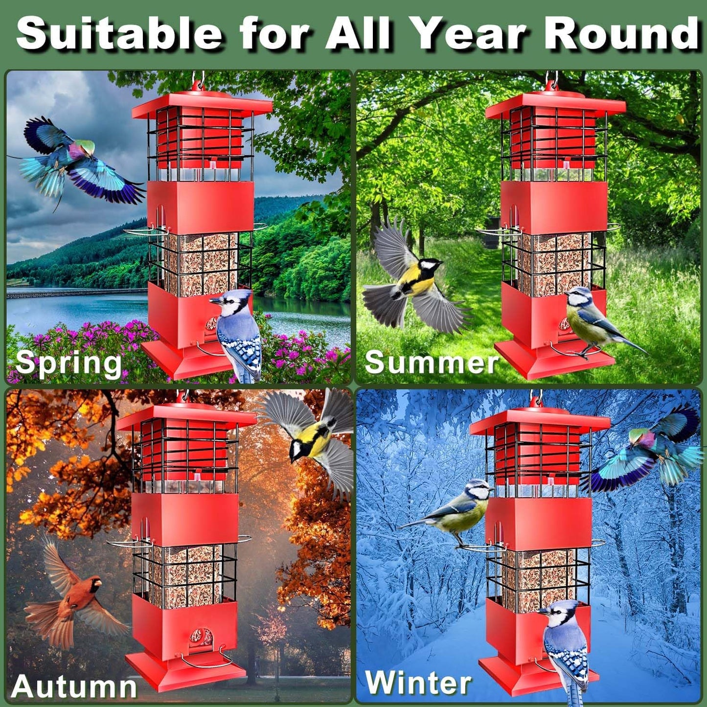 Squirrel Proof Bird Feeder,3Lbs Bird Feeders for Outdoors Hanging, Metal Birds Feeder with 4 Feeding Ports, Wild Birds Feeder for Cardinal, Finch, Sparrow (Red)