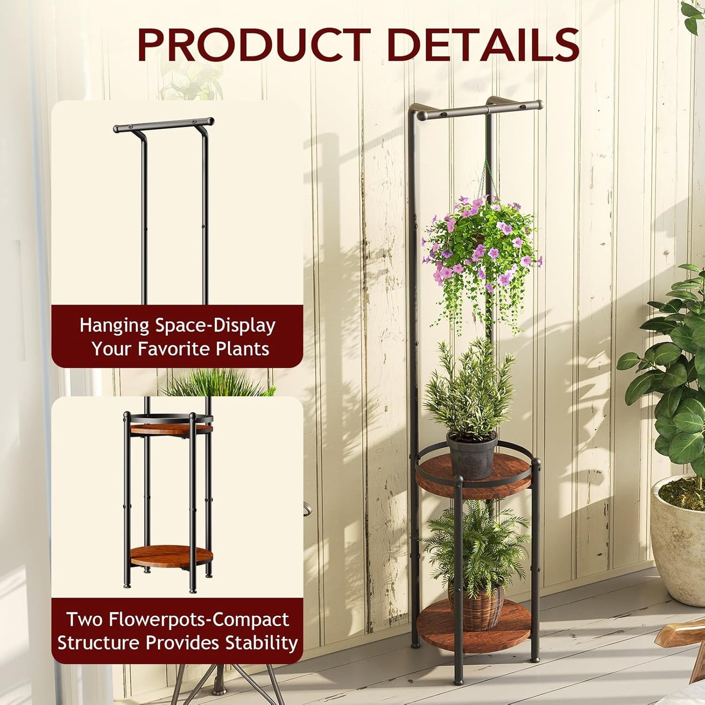 Plant Stand Indoor Outdoor - Heavy Duty Metal 2-tier Hanging Plant Holder Space-Saving Iron Plant Stands Tall Plant Shelf for Living Room Garden Balcony（Rustic Brown and Black）