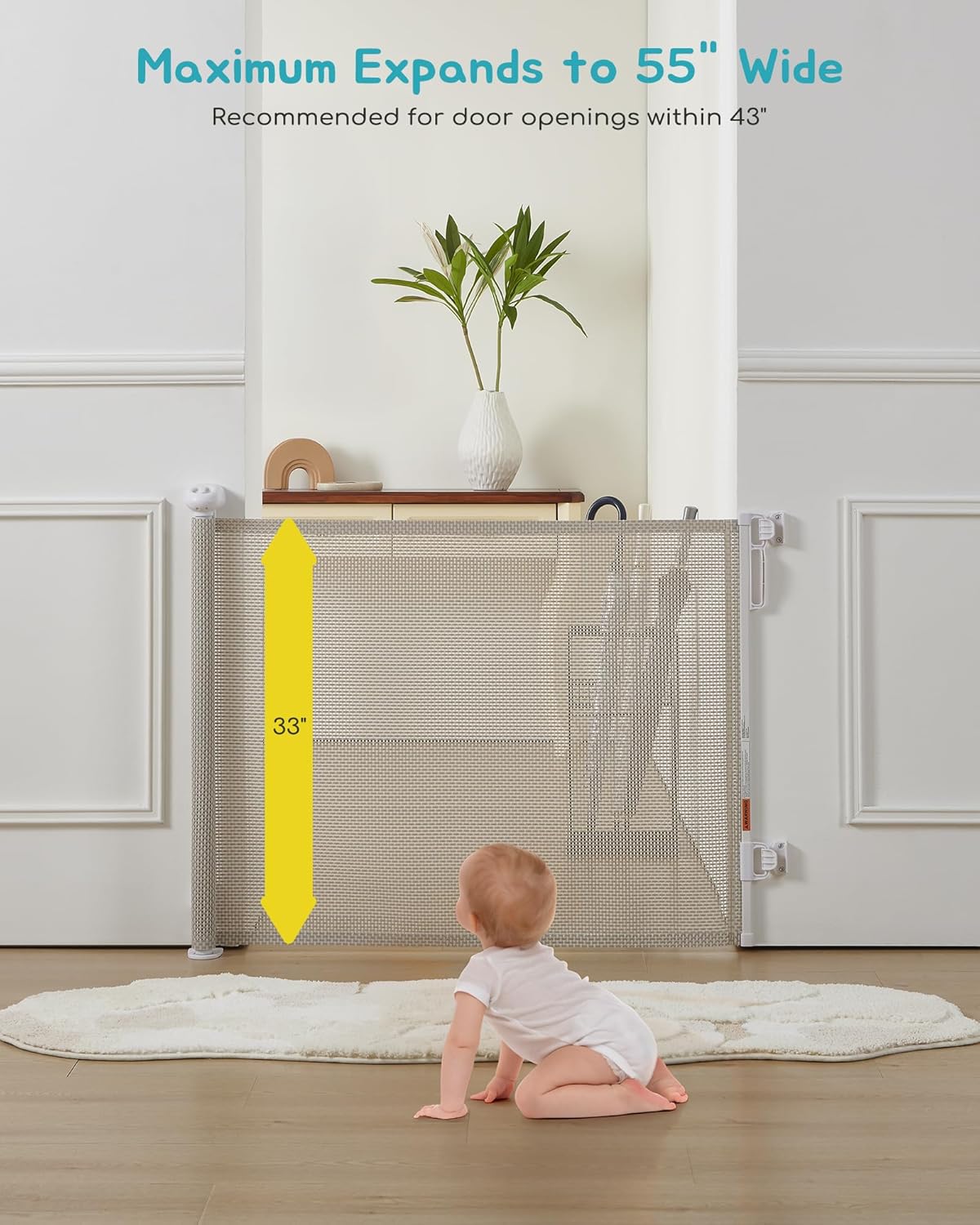 Retractable Baby Gate, Exquisite Rattan Mesh, 33" Tall, Expands to 55" Wide, Dog Gate for Stairs, Doorway, Hallway, Indoor/Outdoor Pet Fence, Walk-Through Design with No Bottom Bar, Beige
