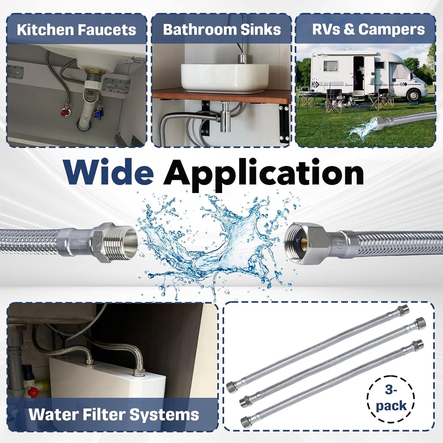 (3-Pack) Faucet Supply Line Extension, 12-Inch – 3/8" Male to 3/8" Female Compression, Stainless Steel Braided with PEX Inner Tube – Ideal for Bathroom, Kitchen, RV & Water Filter Systems