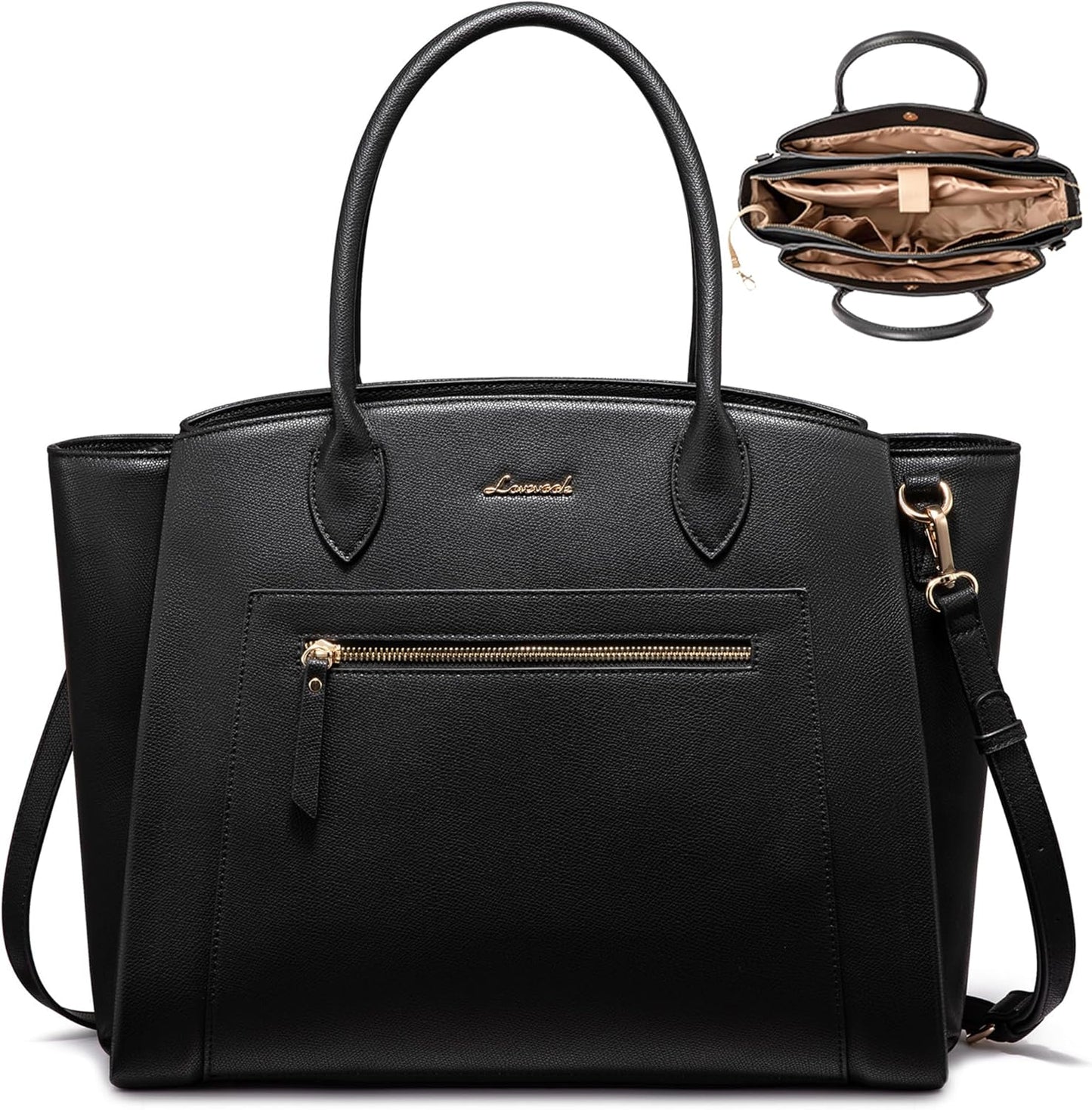 LOVEVOOK Laptop Tote Bag for Women, 15.6 Inch Large Capacity Work Bags Briefcase Purse with Multiple Pockets & Large Bottle Holder, Vegan Leather Business Office Computer Bag for Teacher, Black