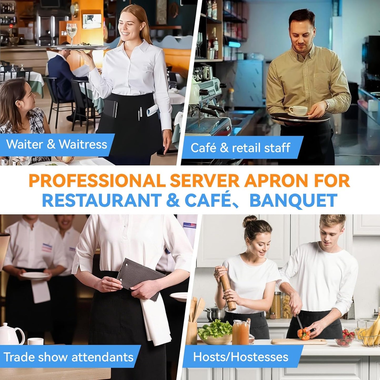 Server Aprons with 3 Pockets Waitress Waiter Waist Black Apron for Women Men Chef Kitchen Serving Cooking Baking, 1Pack, 12.6 inch