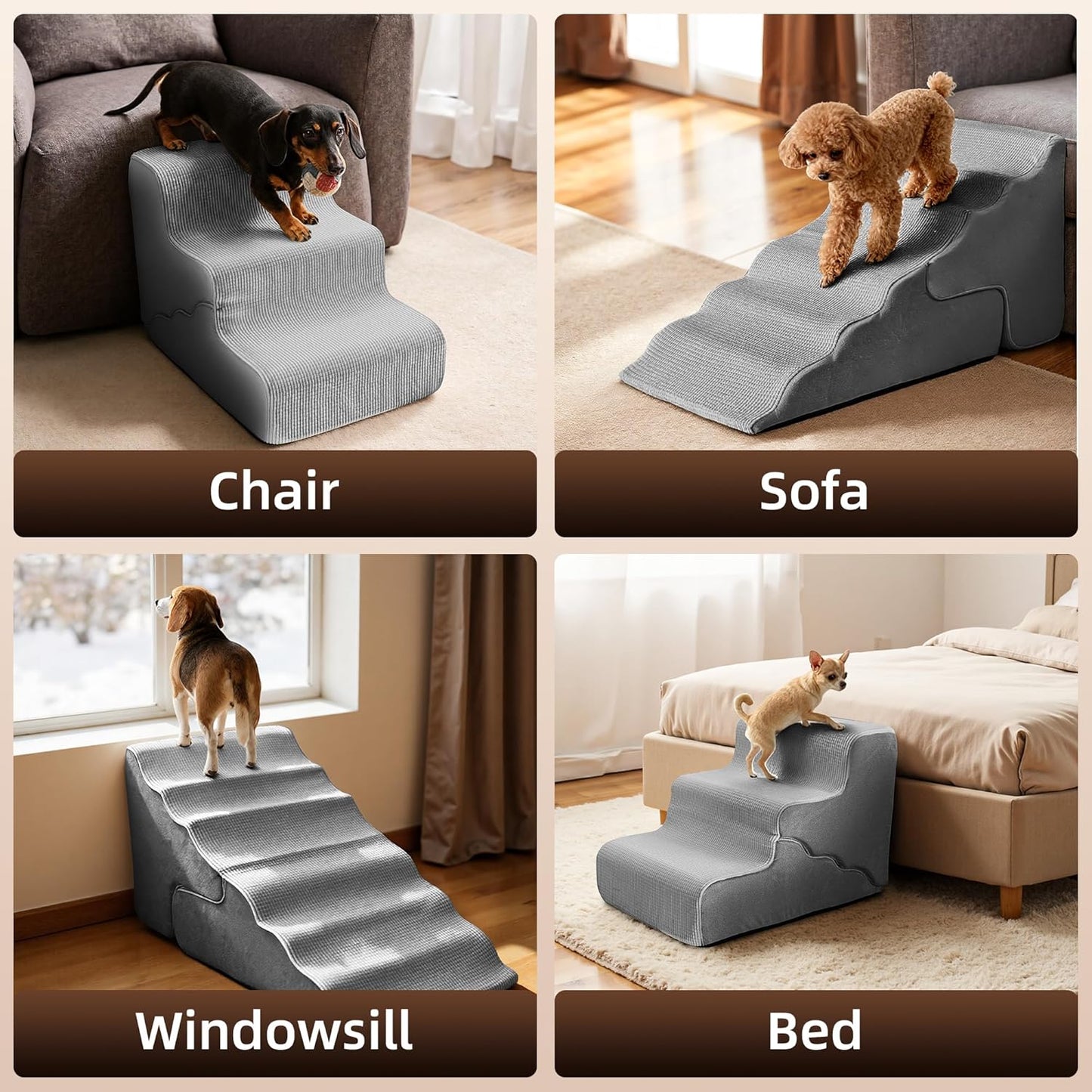 Mestuel Dog Stairs for Small Dogs Cats, Small Pet Stairs Steps, Foam 3-Tier Pet Stairs Steps for Couch Sofa, Dog Ramp Ladder Indoor with Nonslip Bottom &Washable Cover, Beige