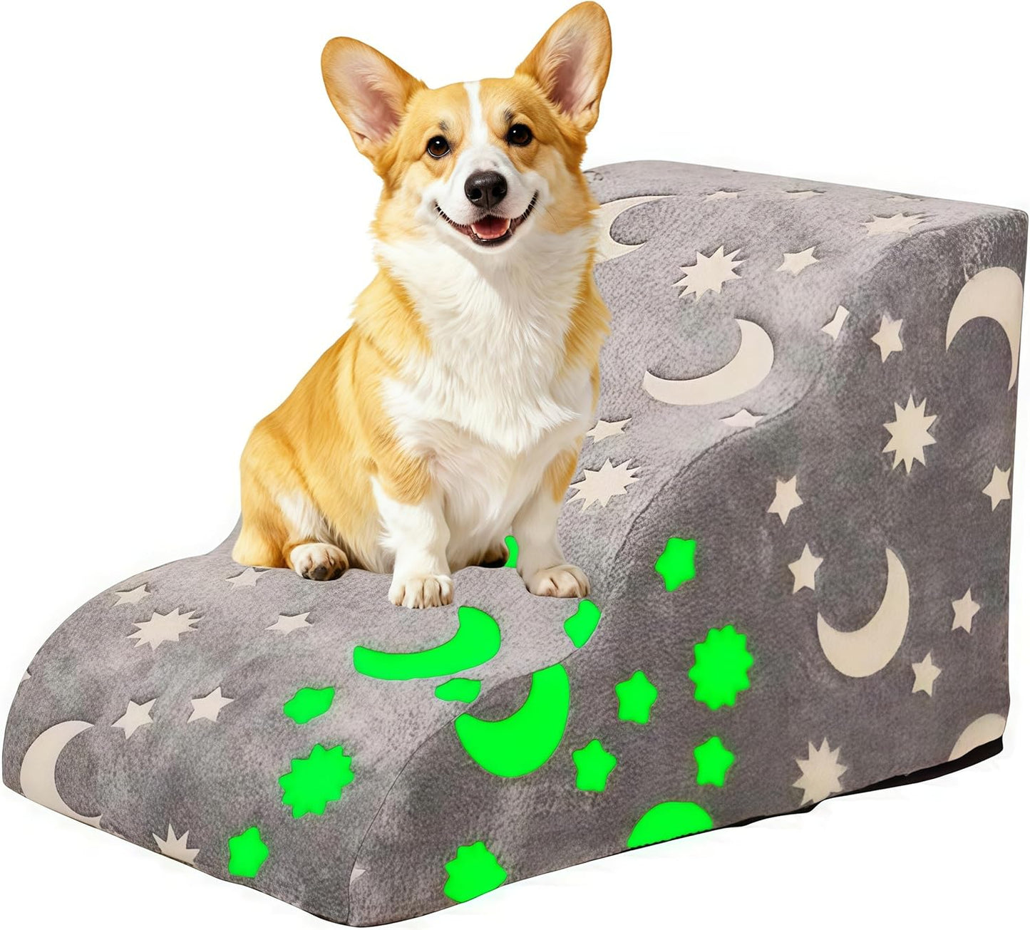 Dog Cat Stairs, Non-Slip Stable Indoor Glow in The Dark Dog Steps, Small Medium Large Pet 3-Step Ramp for Bed, Couch, Height 16"