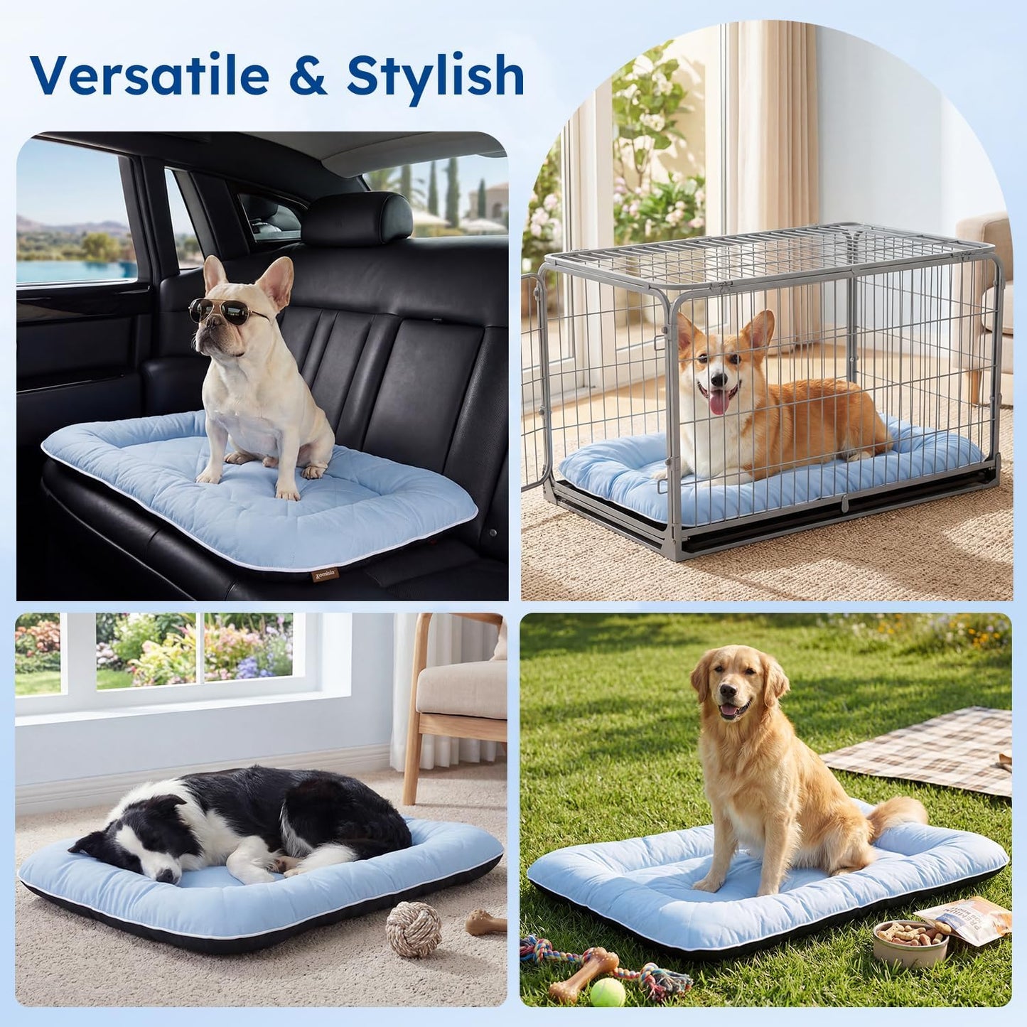 ZOMISA Cooling Dog Bed Q-MAX >0.5, Thick Cooling Crate Mat for Large Dogs, Cold Kennel Pad with Chill Breathable Washable Fabric for Summer, 35x22x2'', Blue