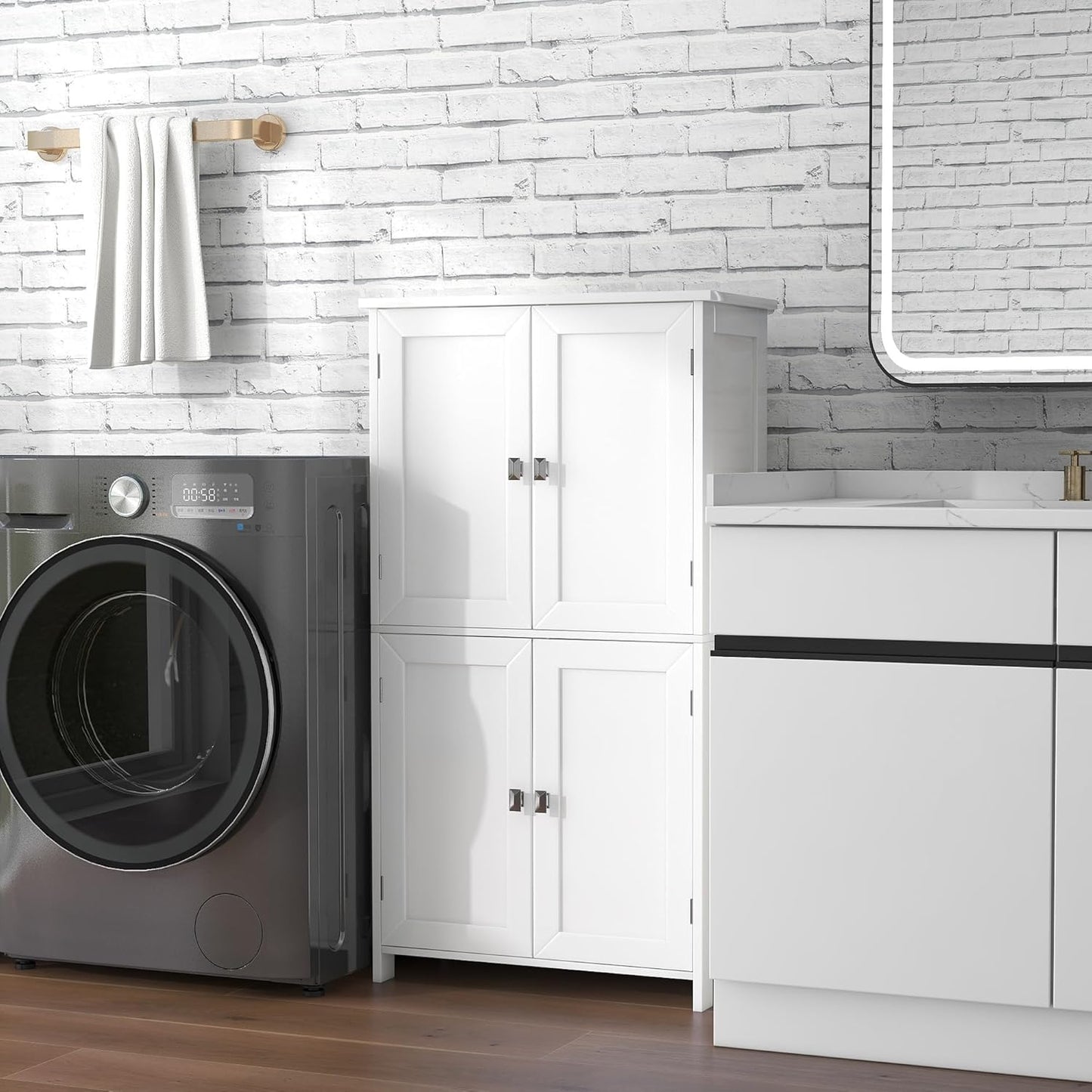 TaoHFE 2 Tier White Bathroom Storage Cabinet,Wood Bathroom Cabinets Freestanding with 4 Door Organizers Storages with Adjustable Shelves, Storage Cabinet for Living Room,Laundry Room,White