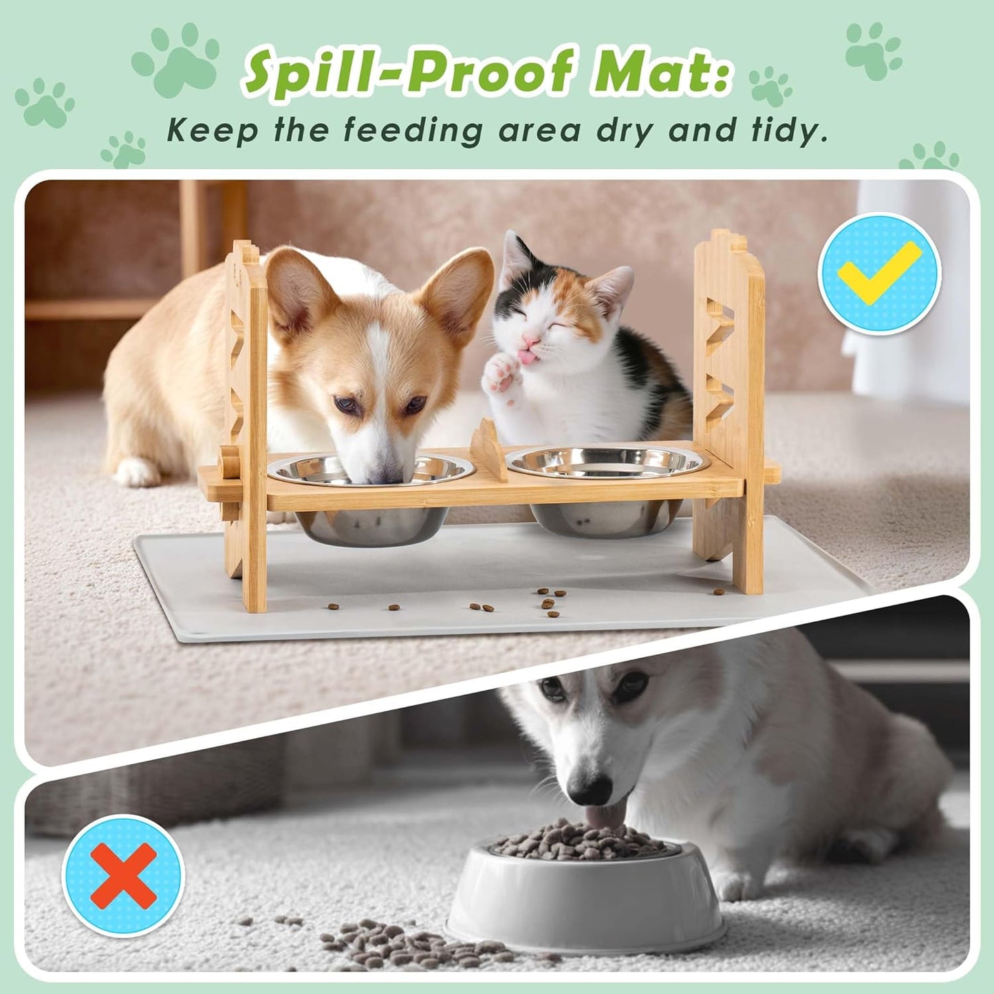 Lavievert Elevated Dog Bowls Stand with 6 Height Adjustable & Splash-Proof Mat - 2 Thick Stainless Steel Pet Food Bowls for Medium/Small Dogs - Raised Dogs & Cats Feeder with Waterproof Base
