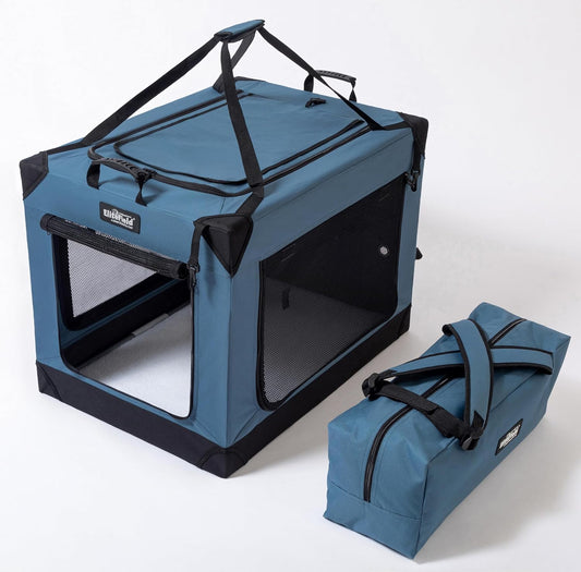 EliteField 4-Door Folding Soft Dog Crate (2-Year Warranty) with Aluminum Frame, Top Curtain, Carrying Bag, and Fleece Bed, Indoor & Outdoor Pet Home (30" L x 21" W x 22" H, Blue Gray)