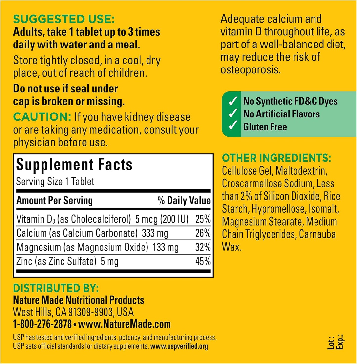 Nature Made Calcium Magnesium Zinc with Vitamin D3, Dietary Calcium Supplement for Bone Support, 300 Tablets