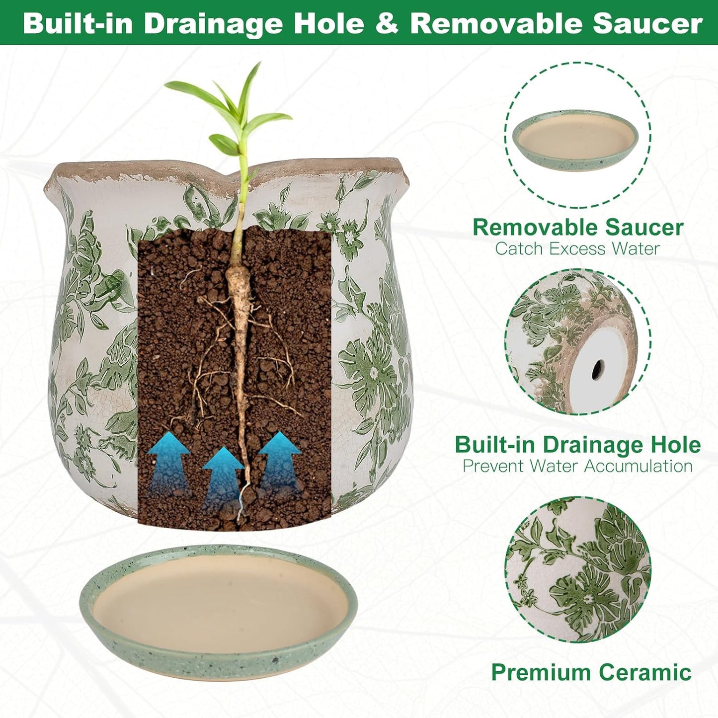 Ceramic-Planters-for-Indoor-Plants with Saucer, 6 inch Vintage Ice Crack Glaze Plant Pots with Drainage Holes, Decorative Flower Pots for Outdoor Garden Home Decor, Tuscan Pot for Plant