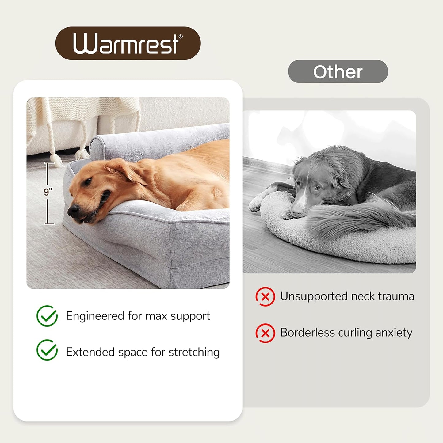 Orthopedic Dog Beds for Large Dogs, Waterproof XL Pet Couch Bed with Soft Sides, Washable Dog Sofa with Flannel Removable Cover, 42" L Supportive Egg-Crate Foam Pet Sofa, Light Grey