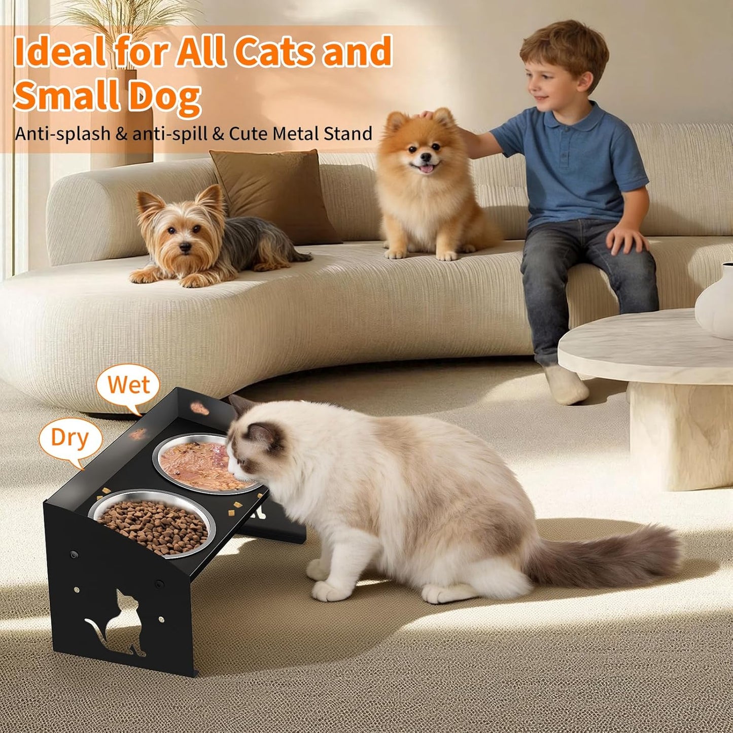 No Spill Raised Cat Food Bowl, 3-in-1 Elevated Dog Bowls with Splash Proof, Adjustable Cute Metal Stand,12° Tilted Anti-Vomiting, Stainless Steel Food and Water Bowl Set for Cats and Small Dogs