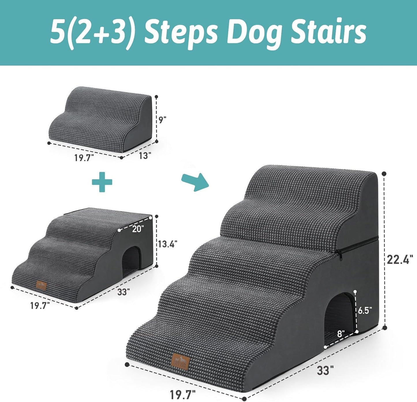 Dog Stairs with Tunnel, 5-Step Detachable Extra Wide Pet Stairs for Bed and Couch, 22.4" H Dog Step for Lowrider and Puppy, Elderly Cats, 17.7x33x22.4 inch, 5 Step, Dark Grey
