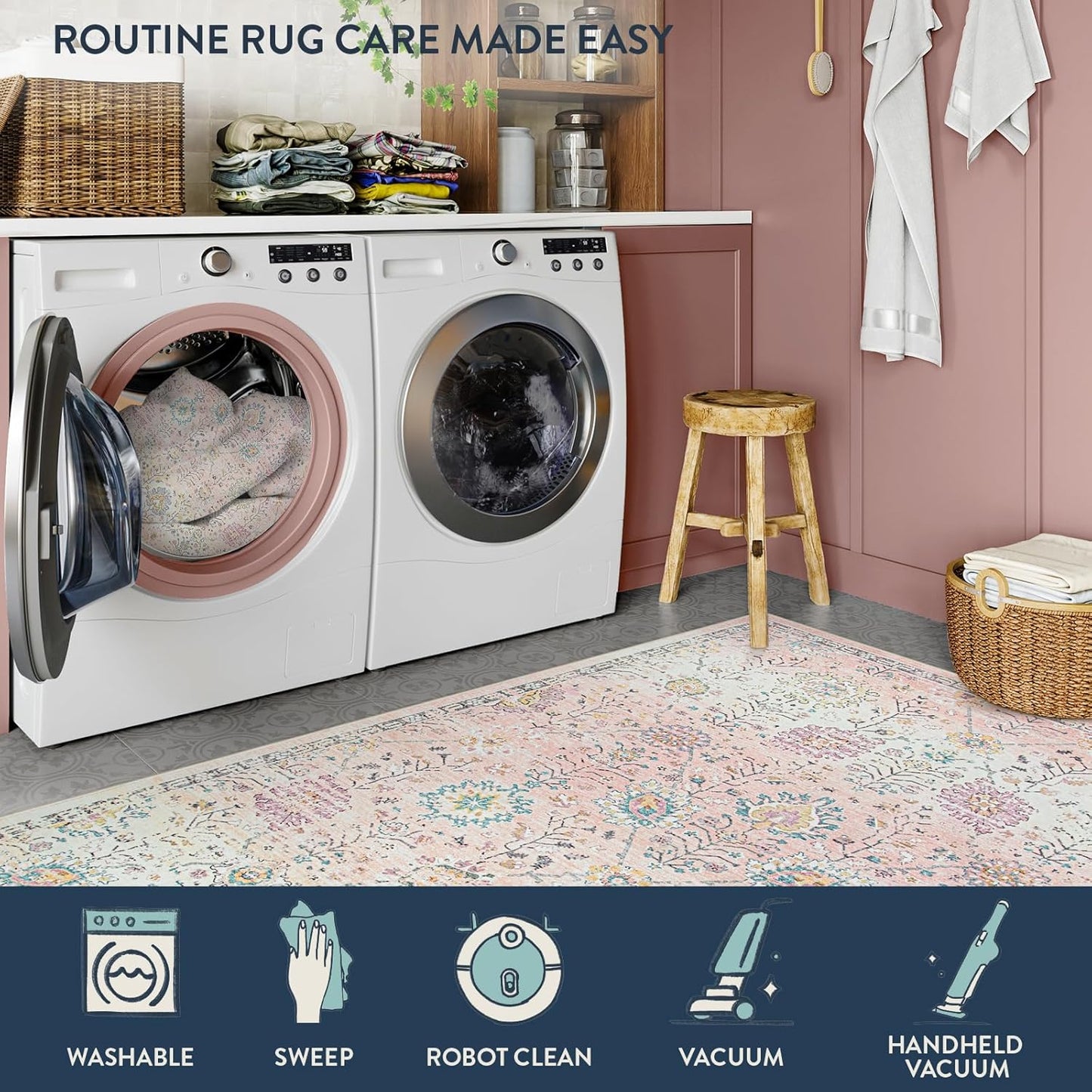 Lahome Flavie Pink Boho Area Rug for Nursery, 5x7 Washable Pink Rugs for Bedroom Girls Kids Room Living Room, Floral Pastel Carpet Non Slip for Teen Toddler Classroom Playroom Dorm, Bedroom Decor