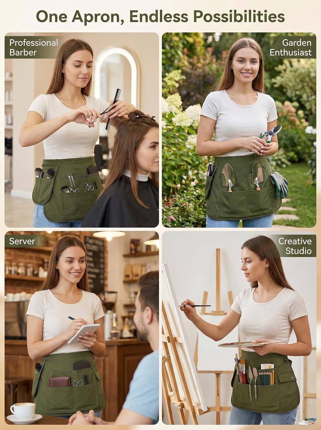 Molaxhome Waist Tool Apron with Multi-Pocket Waitress Server Apron with Adjustable Belt Gardening Aprons