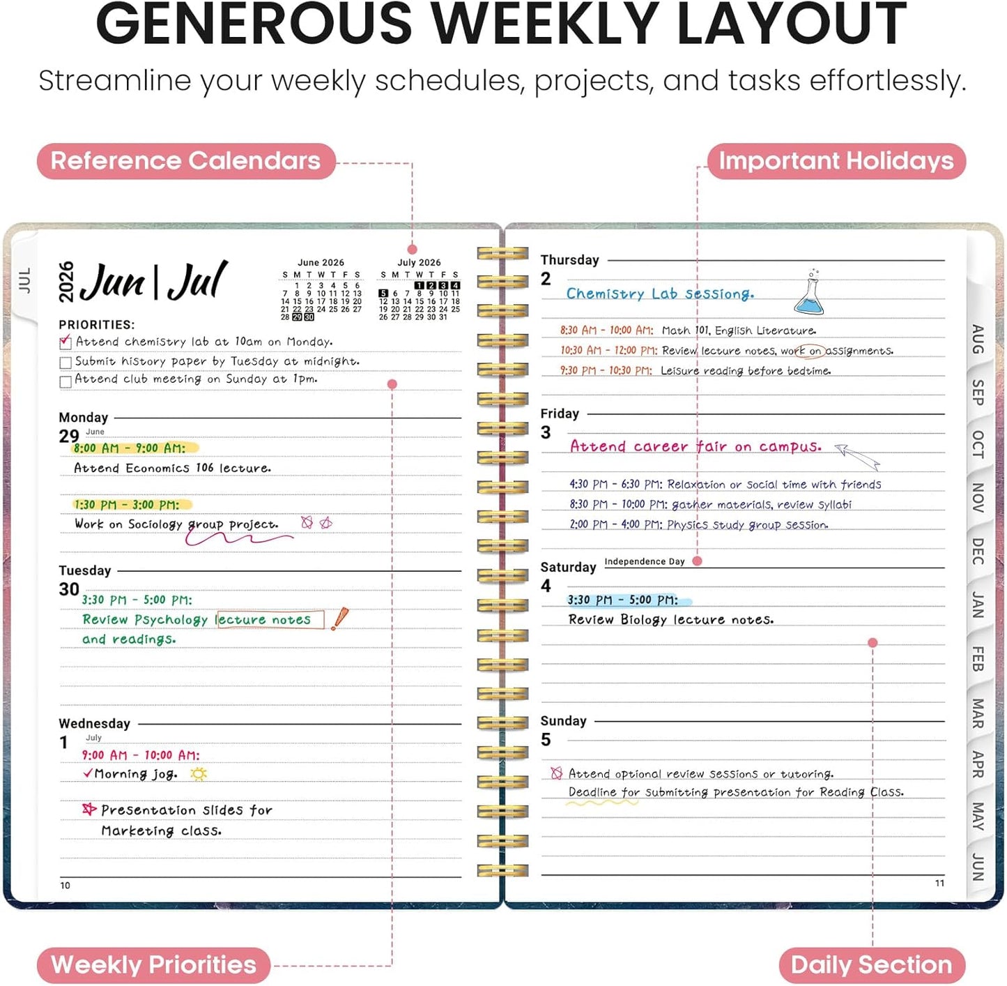 Planner 2026-2027, Academic Year Monthly and Weekly Calendar Planner, Jul 2026 - Jun 2027, Hardcover Teacher Student Planning Agenda book with Tabs, Perfect for School Office Supplies, 6.3" x 8.5" - Sunset