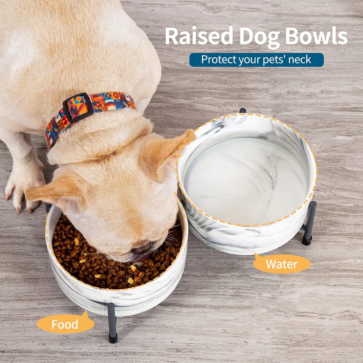 TAMAYKIM 32 oz Ceramic Dog Cat Bowls with Elevated Metal Stand, 6 Inch Porcelain Round Food and Water Bowl Set, Non-Slip Pet Feeder Bowls for Cats & Dogs, Marble Grey, Set of 2