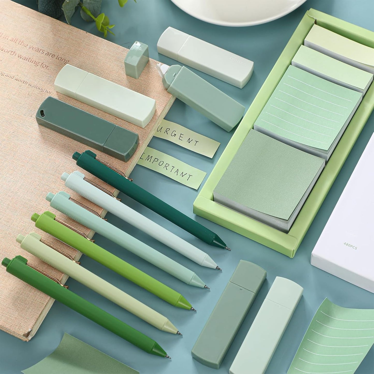 Aesthetic Stationery Set Supplies Sticky Notes Set 6 Mini Correction Tapes 6 Retractable Black Ink Pens 0.5mm Fine Point Paper Corrective Pen Self Stick Index Tabs(Green)