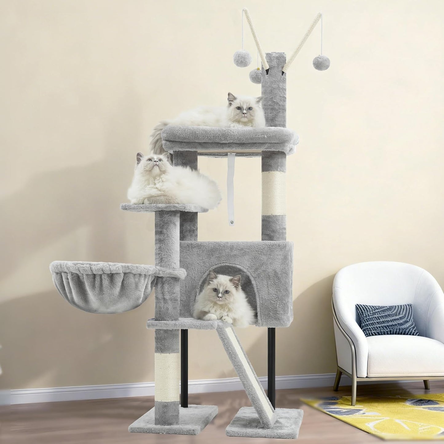Cat Tree for Indoor Cats, Cat Tower with Scratching Post for Small Cats and Kittens, Cat House with Removable Top Platform and Fluffy Balls, Hanging Cat Basket, Light Gray GCT006SW